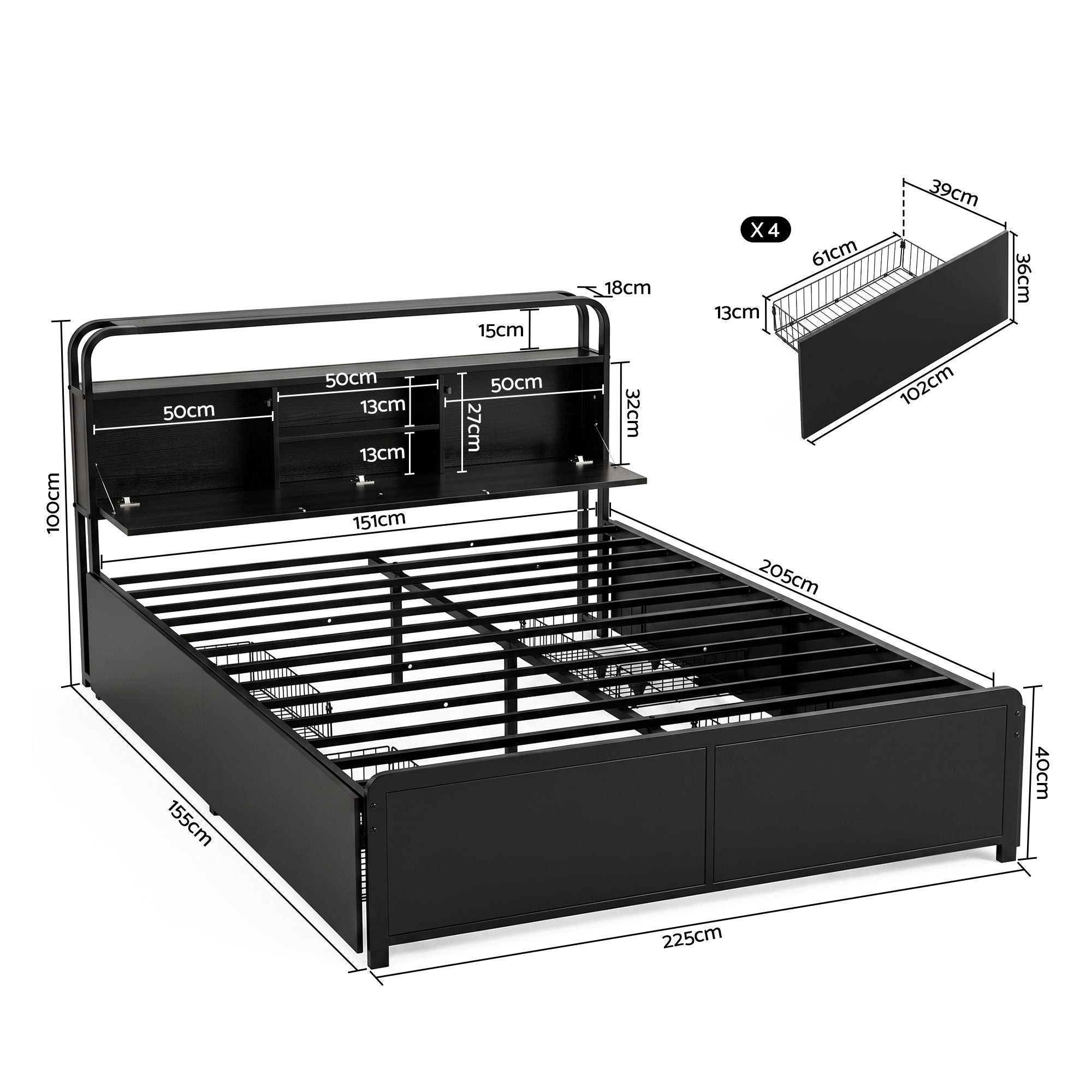 Artiss Queen Metal Bed Frame 4 Drawers Hidden Storage Headboard HEDY Bedworld
