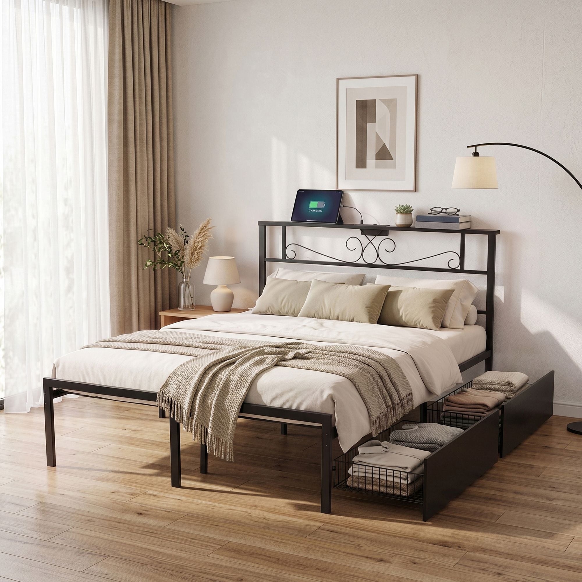 Artiss Double Bed Frame with Charging Station & Storage Drawers Metal Bedworld
