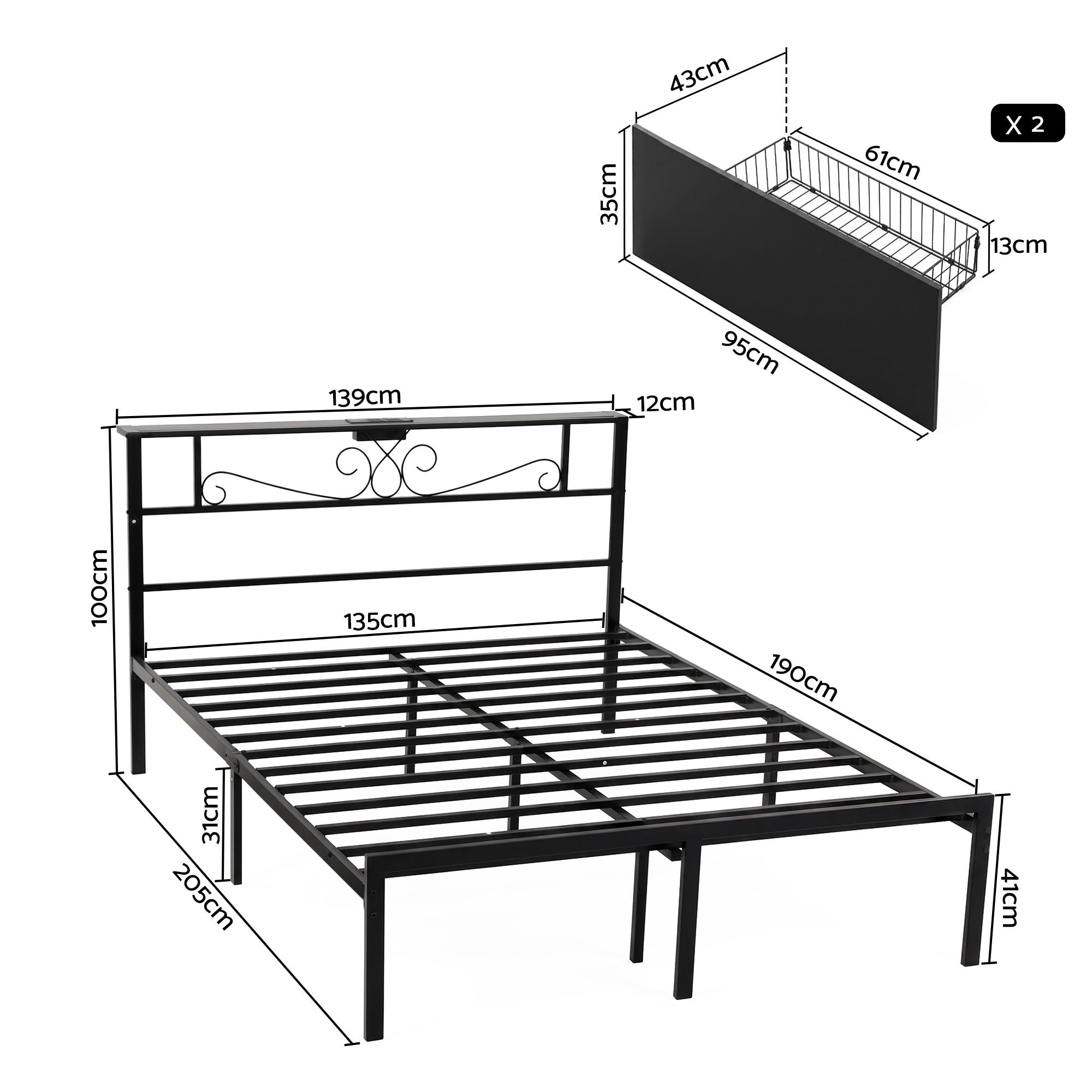 Artiss Double Bed Frame with Charging Station & Storage Drawers Metal Bedworld