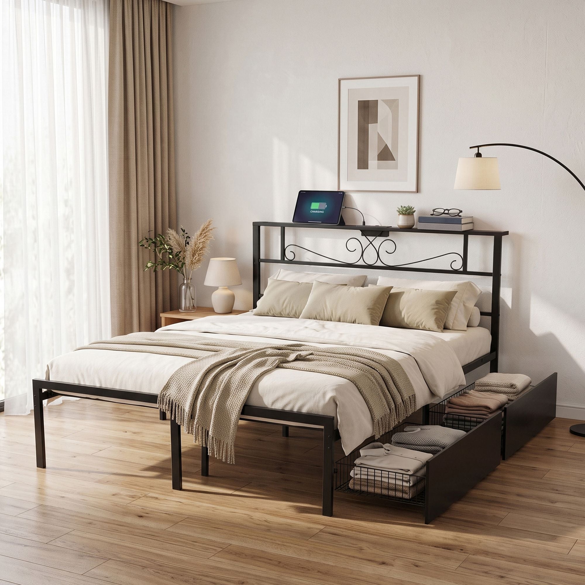 Artiss Queen Bed Frame with Charging Station & Storage Drawers Metal Bedworld