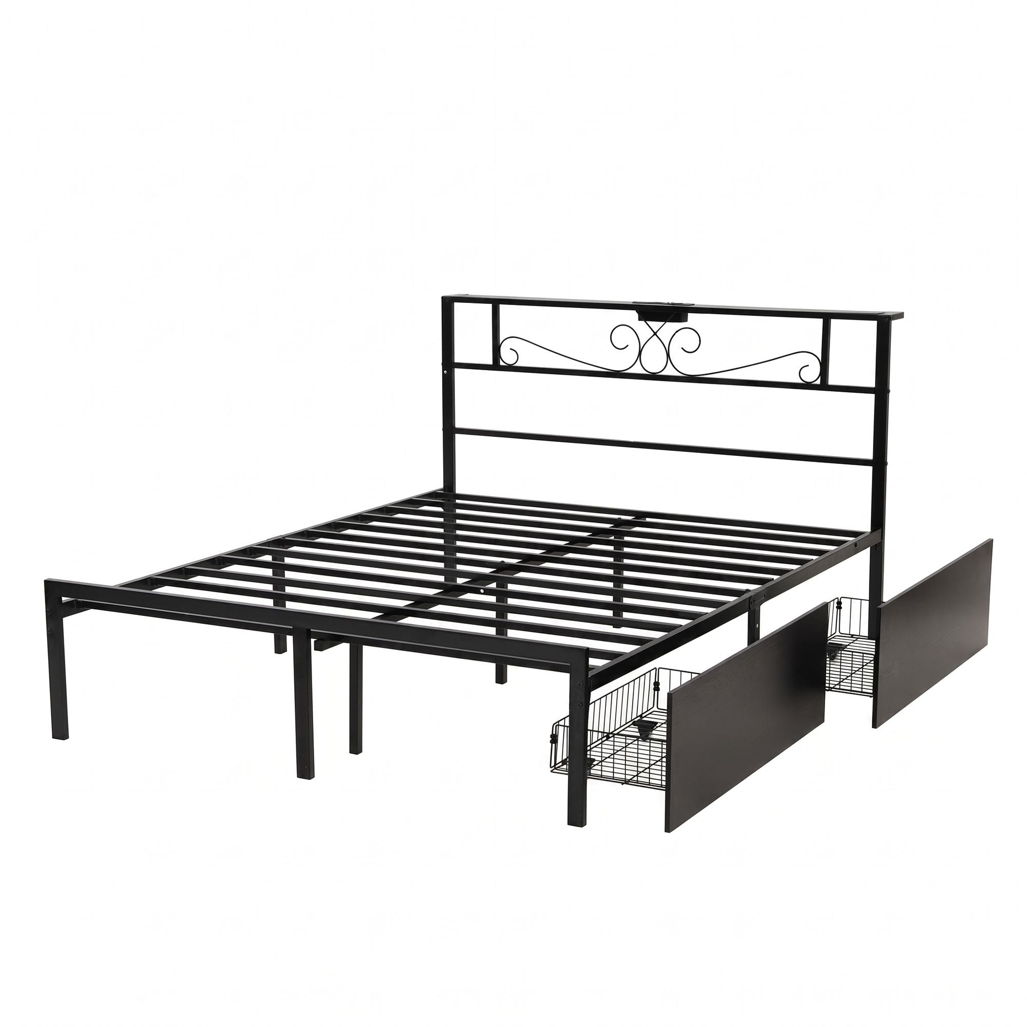 Artiss Queen Bed Frame with Charging Station & Storage Drawers Metal Bedworld