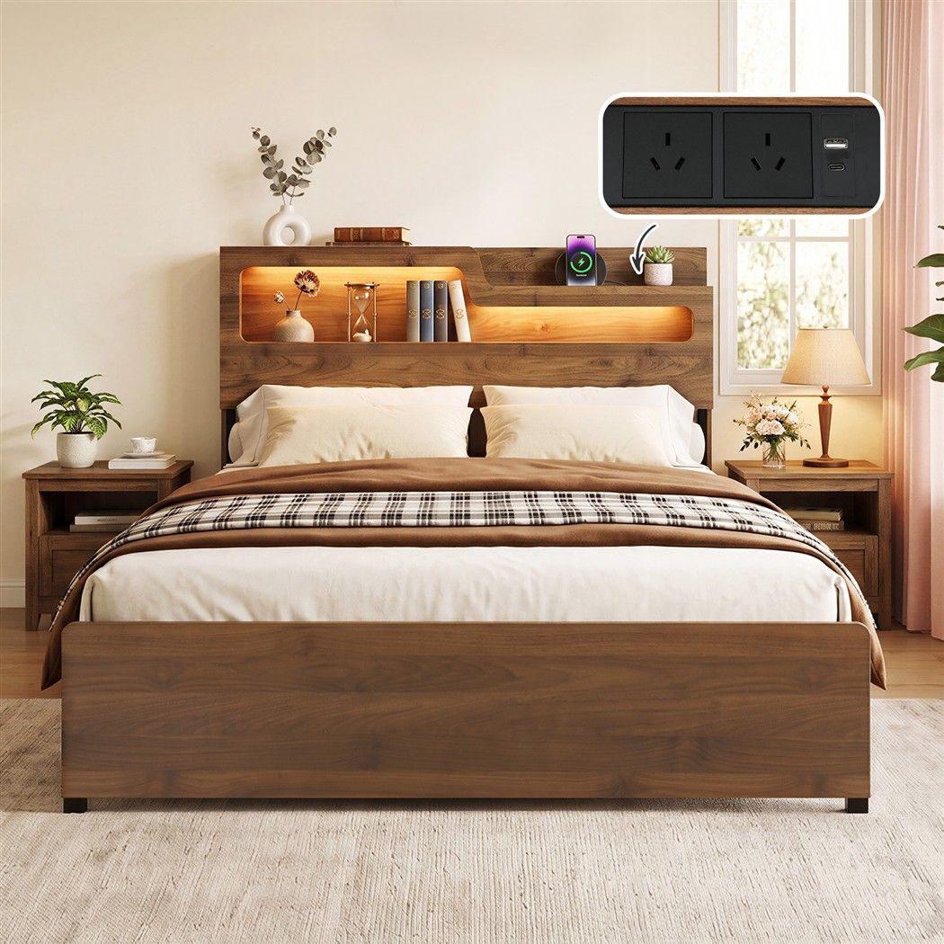 Artiss Double Bed Frame Metal with Charging Station LED Light Storage Shelf Bedworld