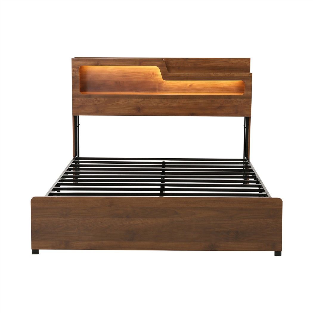 Artiss Double Bed Frame Metal with Charging Station LED Light Storage Shelf Bedworld