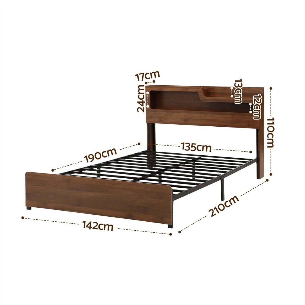 Artiss Double Bed Frame Metal with Charging Station LED Light Storage Shelf Bedworld