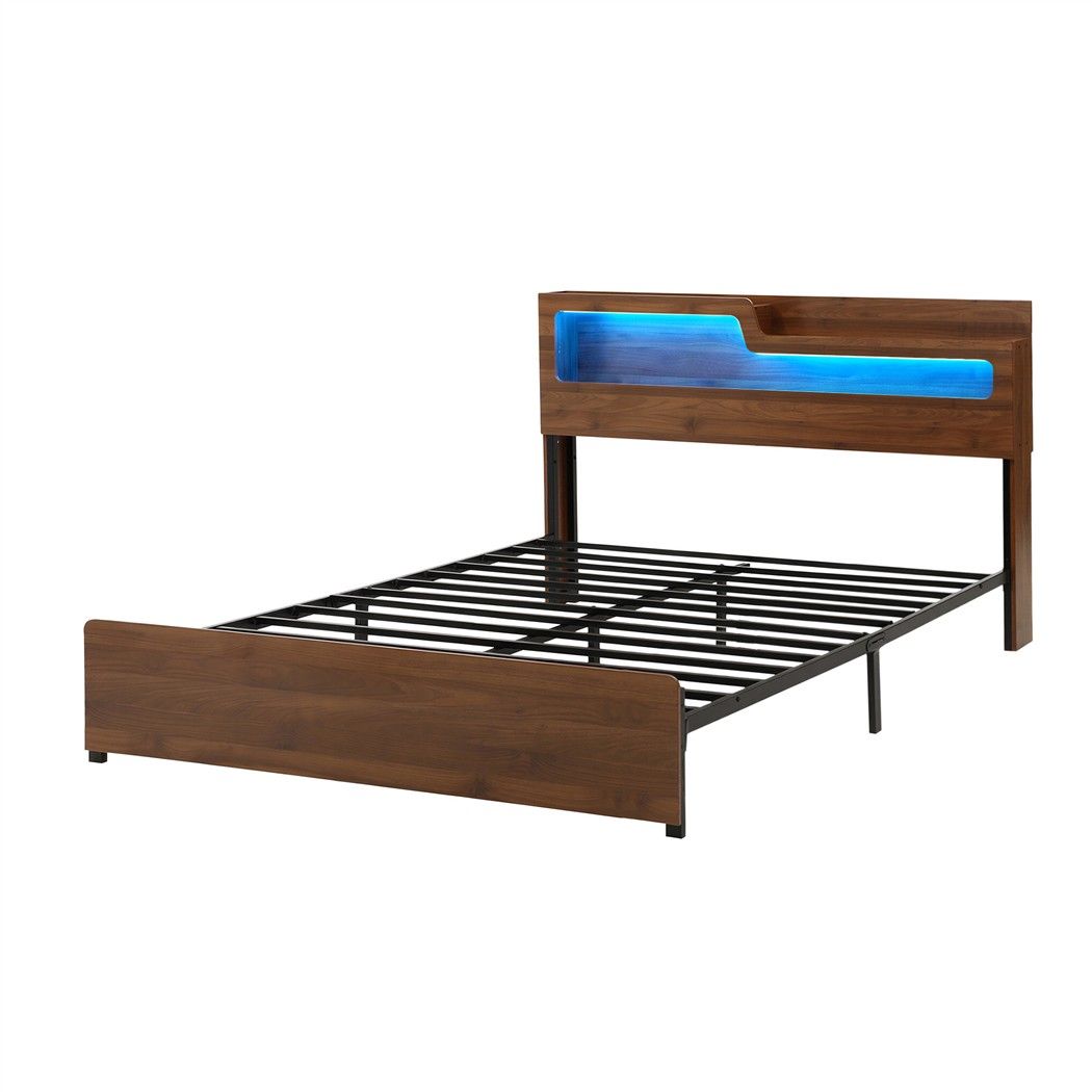 Artiss Double Bed Frame Metal with Charging Station LED Light Storage Shelf Bedworld