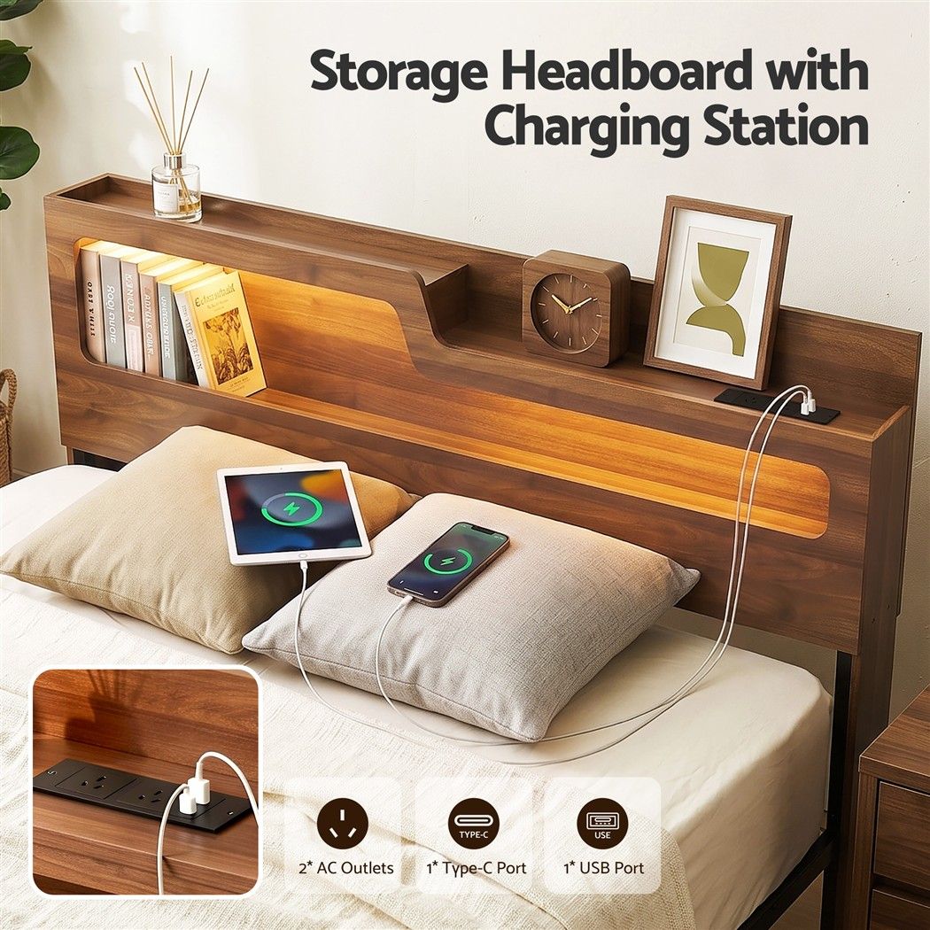 Artiss Double Bed Frame Metal with Charging Station LED Light Storage Shelf Bedworld