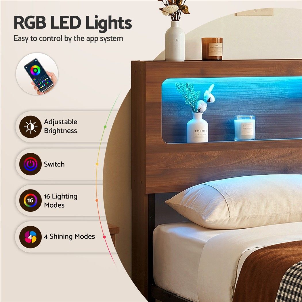 Artiss Double Bed Frame Metal with Charging Station LED Light Storage Shelf Bedworld