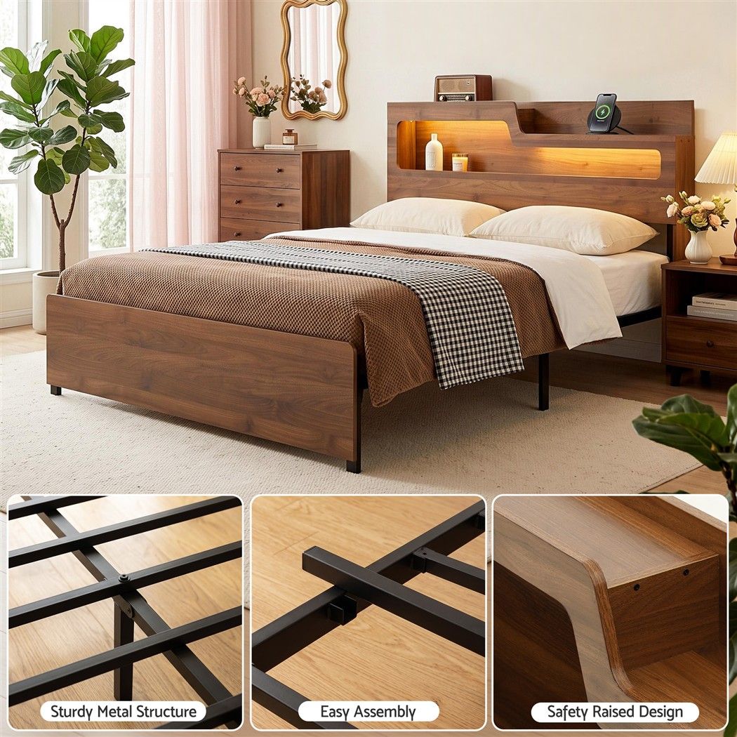 Artiss Double Bed Frame Metal with Charging Station LED Light Storage Shelf Bedworld