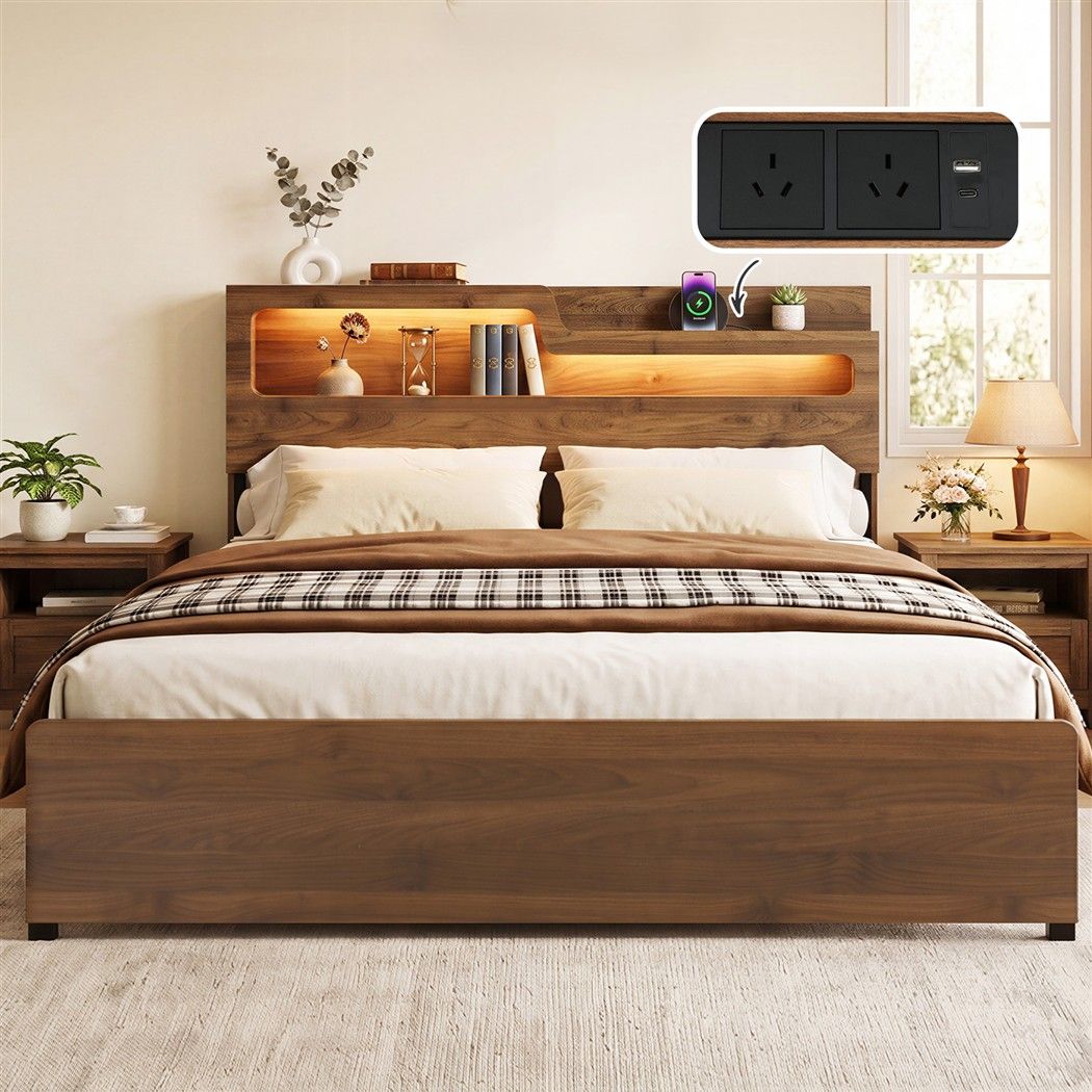 Artiss King Bed Frame Metal with Charging Station LED Light Storage Shelf Bedworld