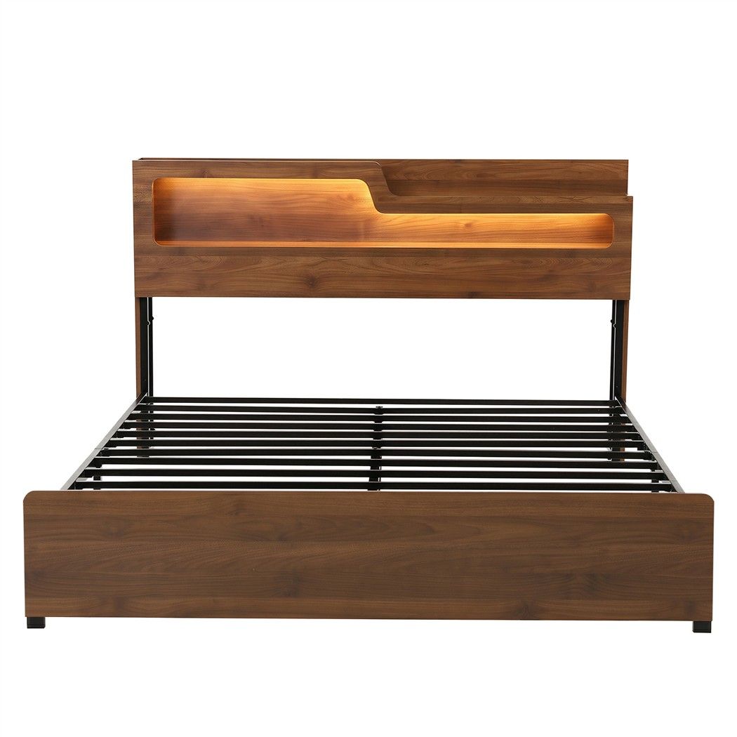 Artiss King Bed Frame Metal with Charging Station LED Light Storage Shelf Bedworld