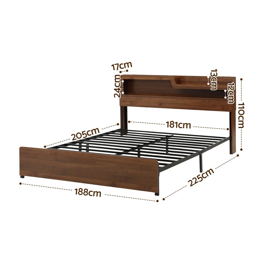 Artiss King Bed Frame Metal with Charging Station LED Light Storage Shelf Bedworld