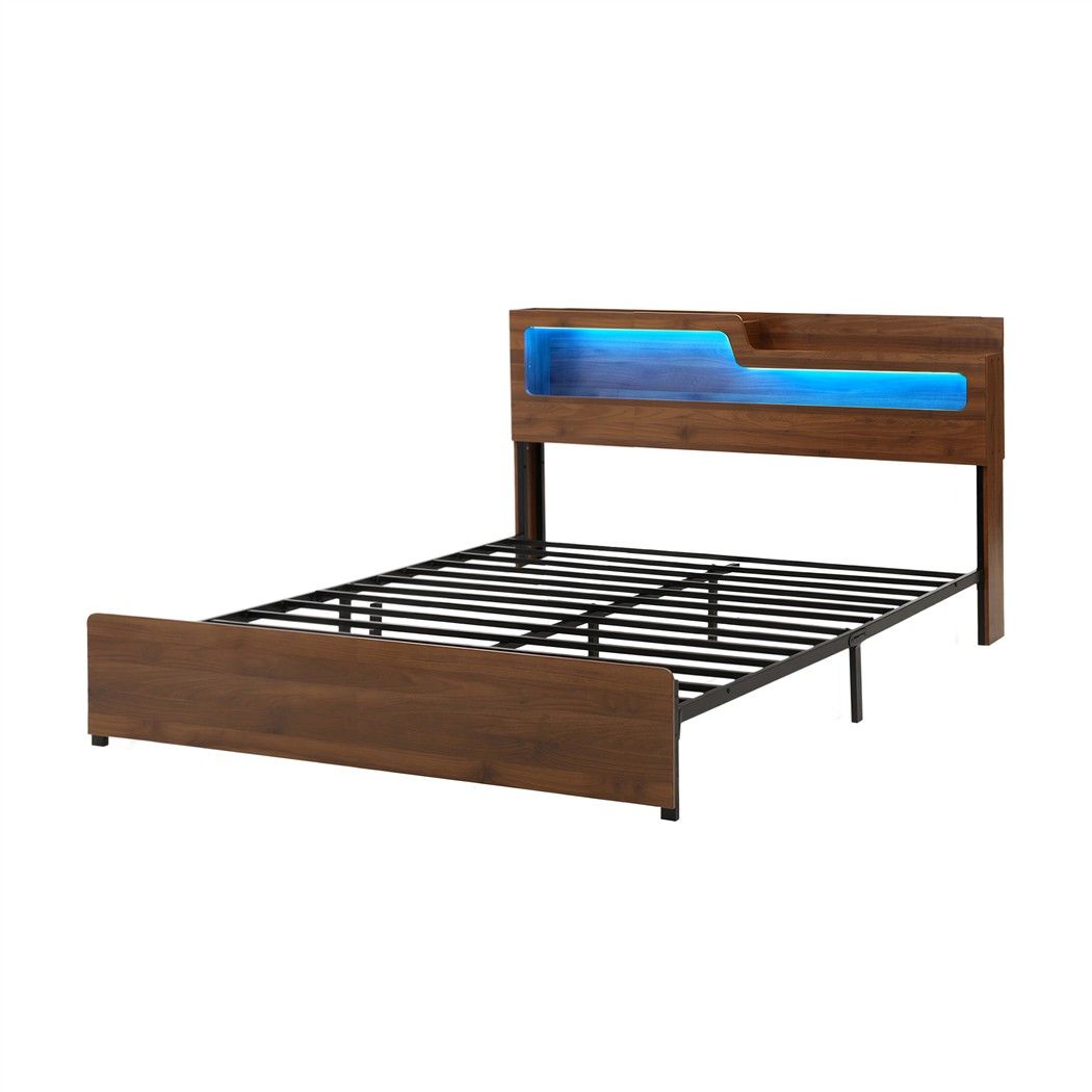 Artiss King Bed Frame Metal with Charging Station LED Light Storage Shelf Bedworld
