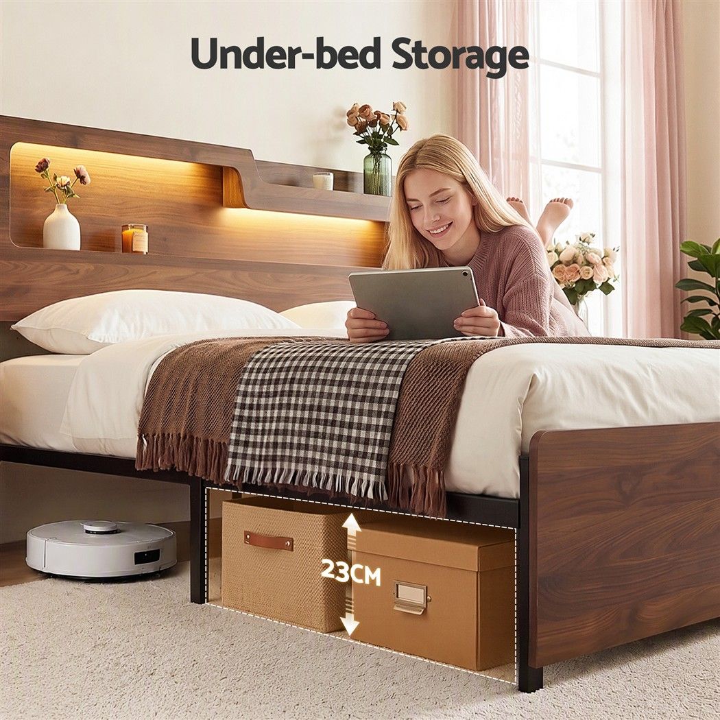 Artiss King Bed Frame Metal with Charging Station LED Light Storage Shelf Bedworld