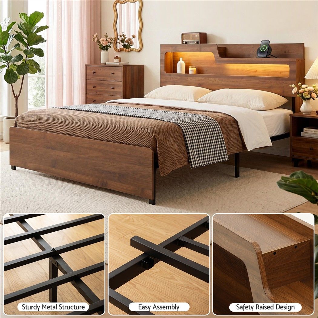 Artiss King Bed Frame Metal with Charging Station LED Light Storage Shelf Bedworld