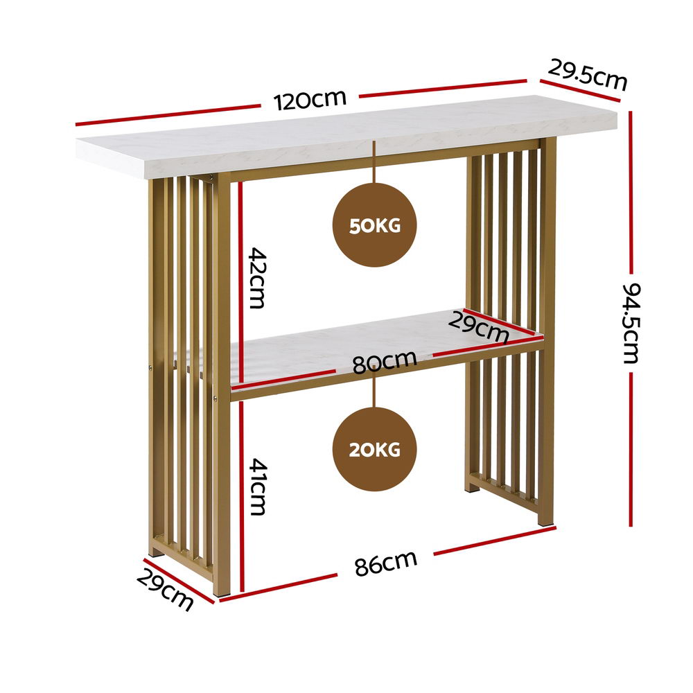 Gold console table with marble-effect top, shown with size and weight diagram