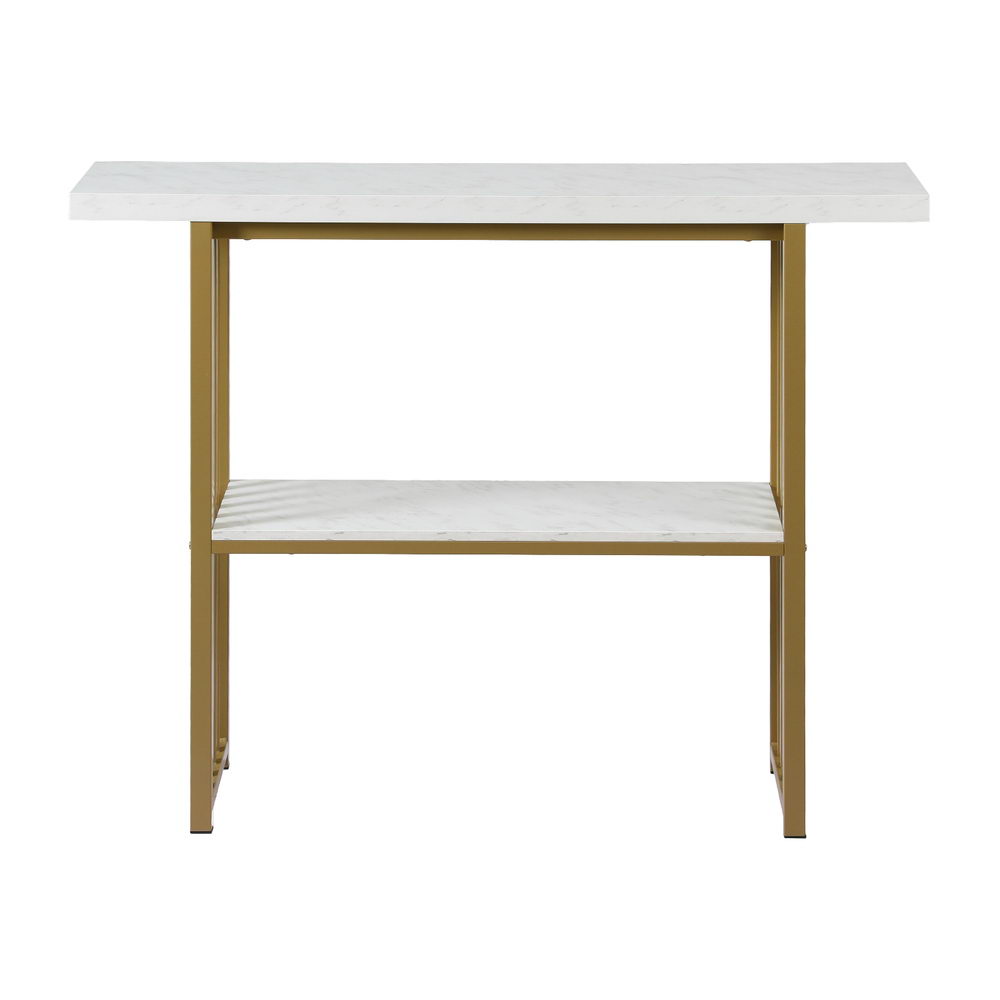 Gold console table with white marble-effect top and lower shelf