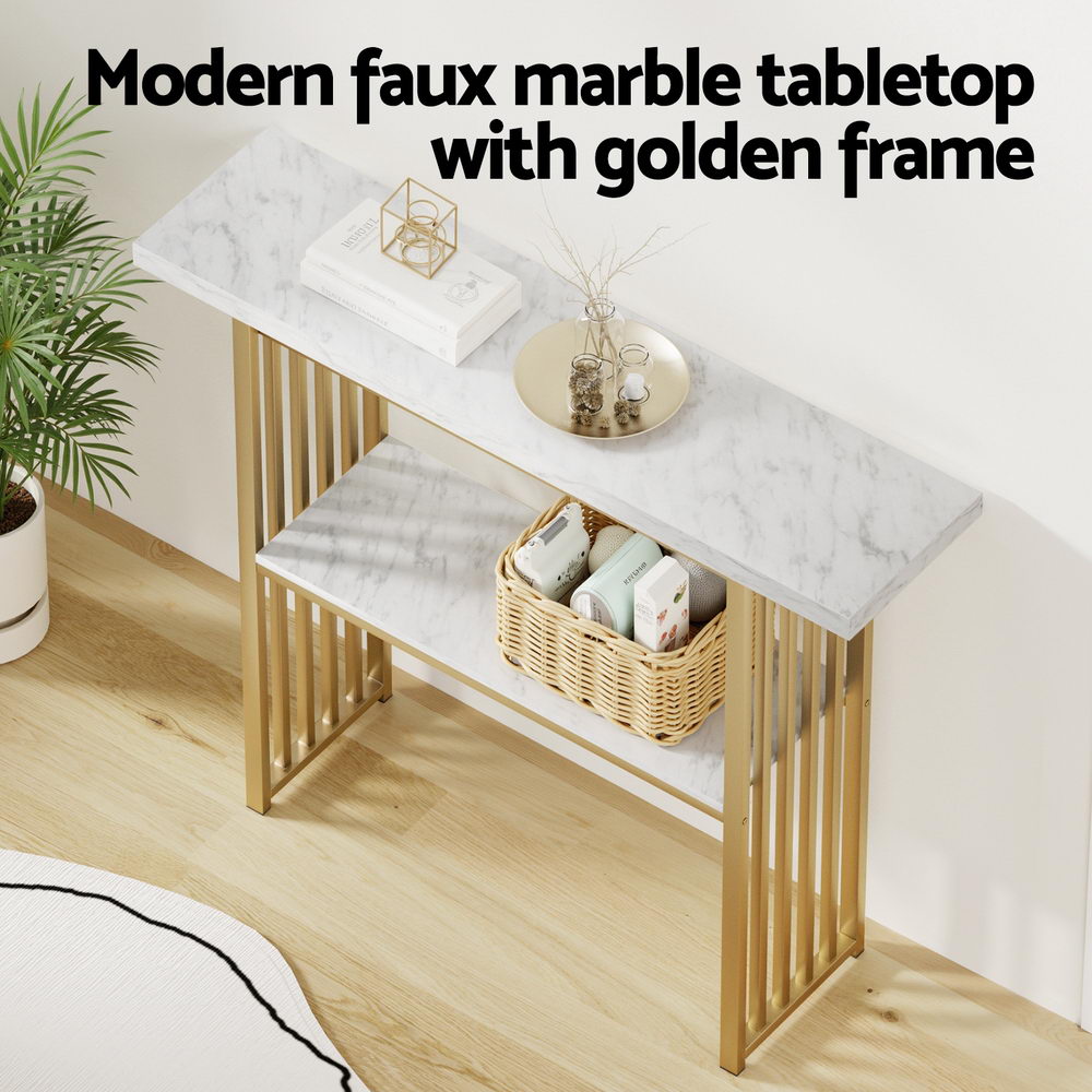 Console table with marble-effect tabletop, gold frame, and open lower shelf