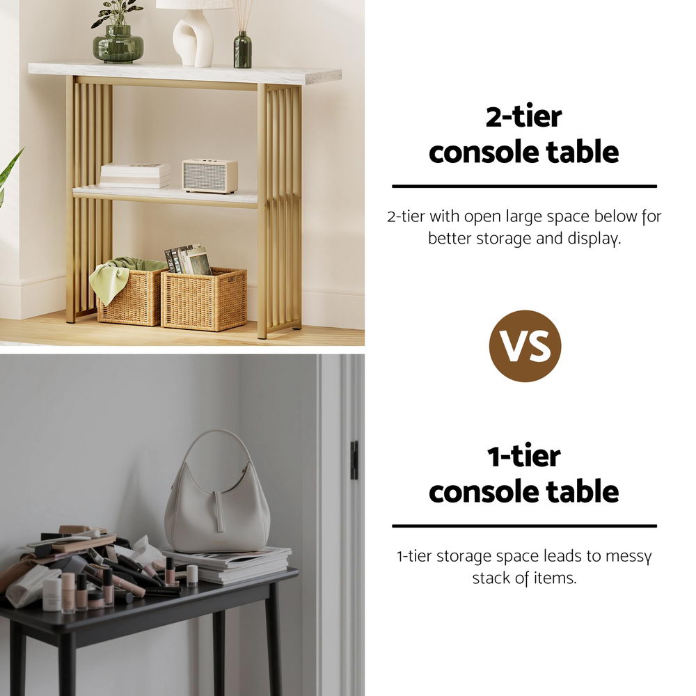 Gold two-tier console table with white marble-effect shelves for display storage