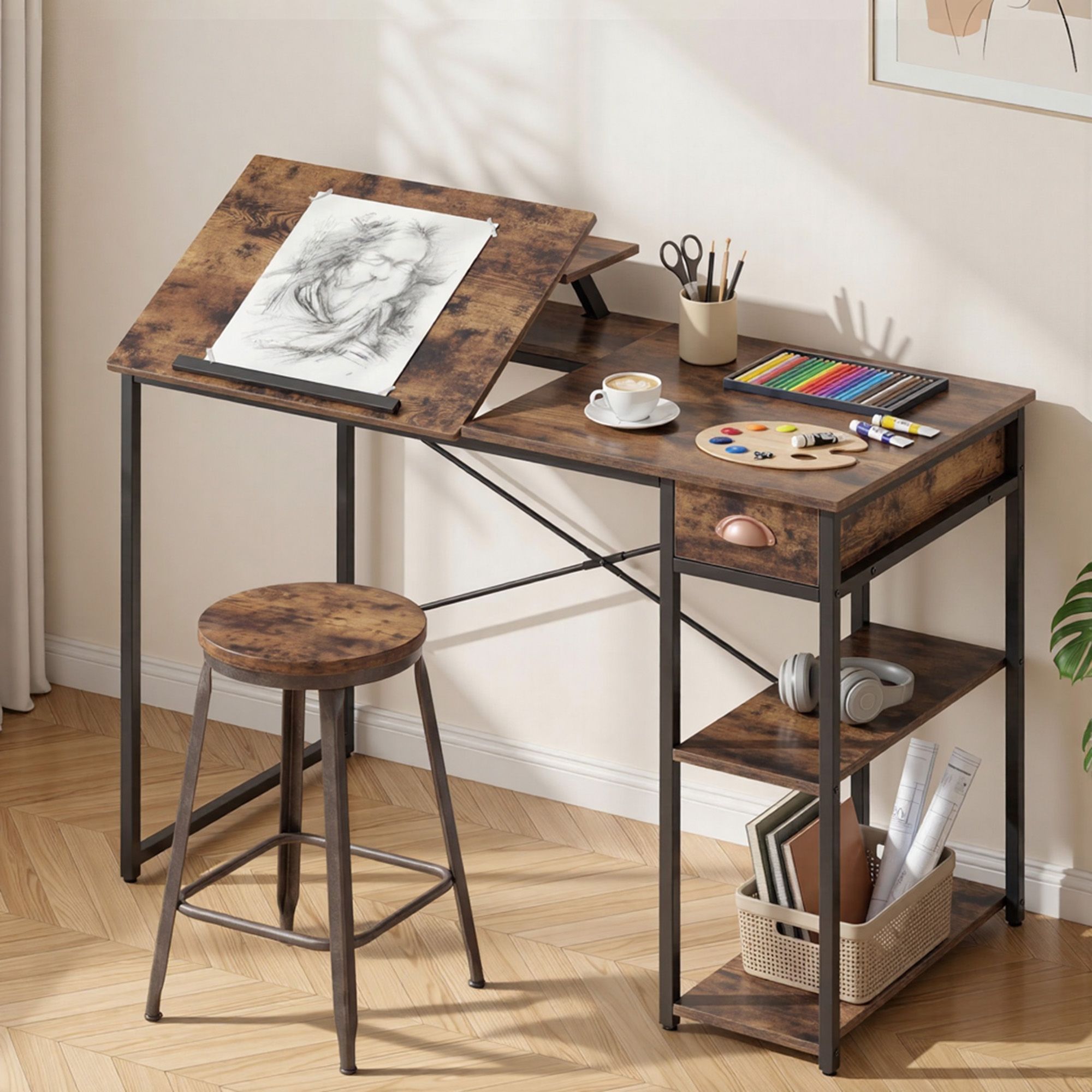 Artiss Computer Desk Drafting Drawing Table Tiltable Top Rustic Brown 108cm Bedworld