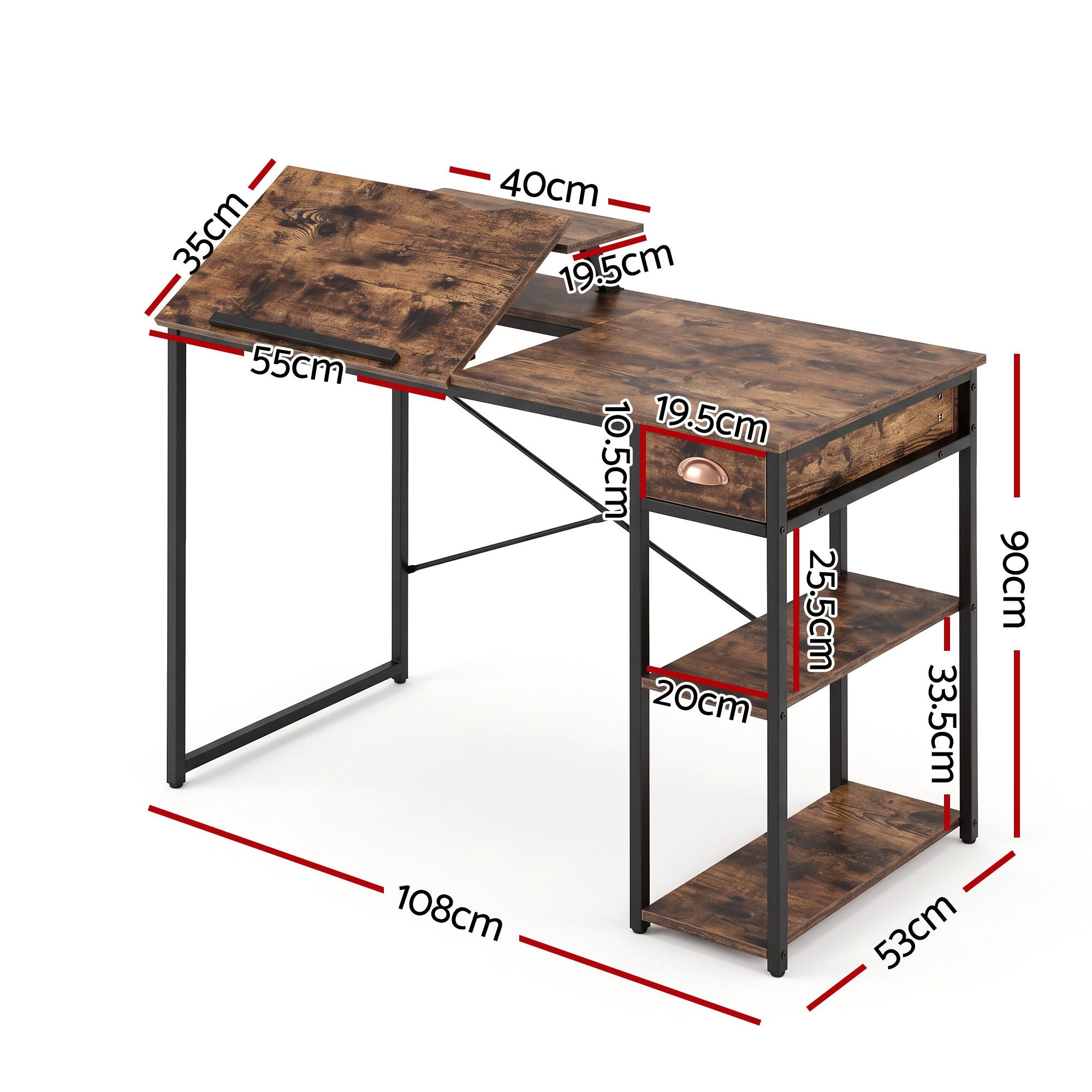 Artiss Computer Desk Drafting Drawing Table Tiltable Top Rustic Brown 108cm Bedworld