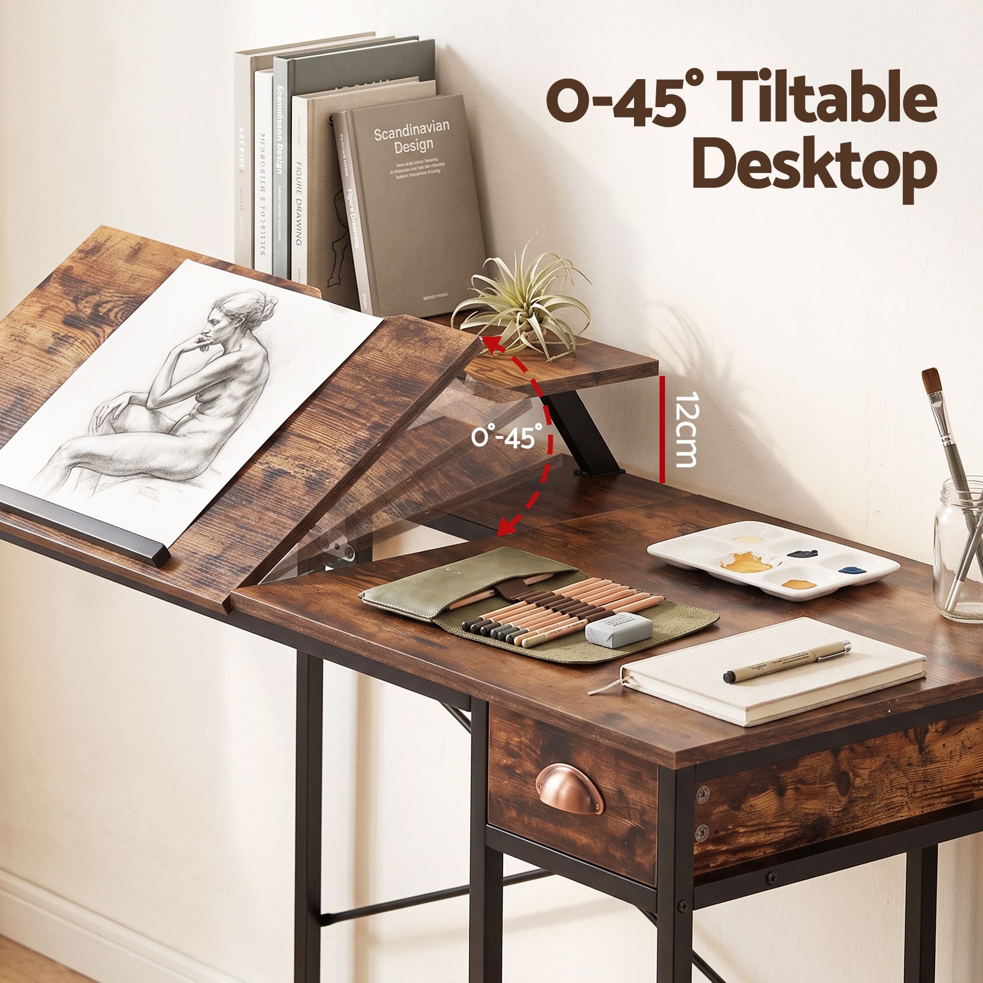 Artiss Computer Desk Drafting Drawing Table Tiltable Top Rustic Brown 108cm Bedworld