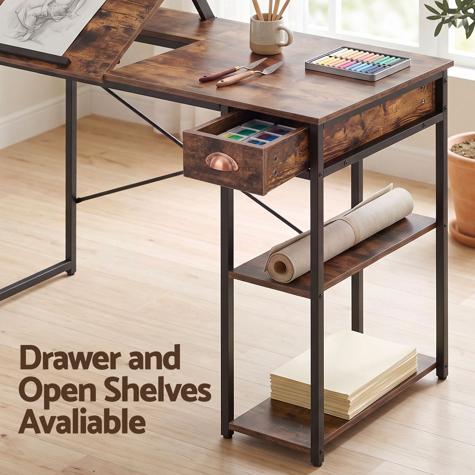 Artiss Computer Desk Drafting Drawing Table Tiltable Top Rustic Brown 108cm Bedworld