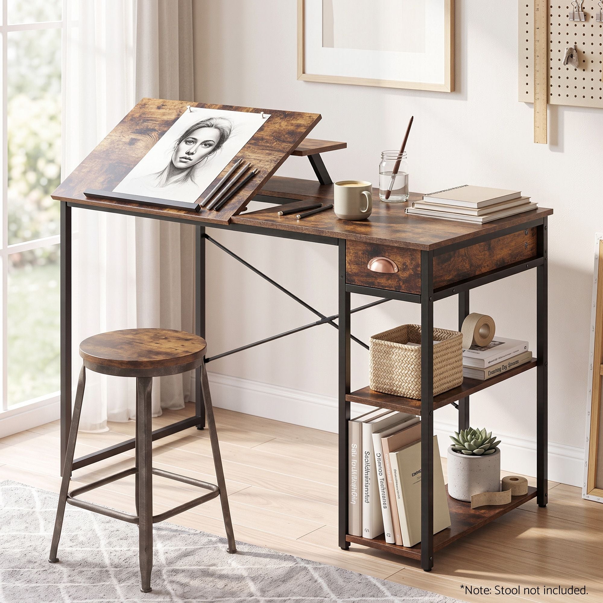 Artiss Computer Desk Drafting Drawing Table Tiltable Top Rustic Brown 108cm Bedworld