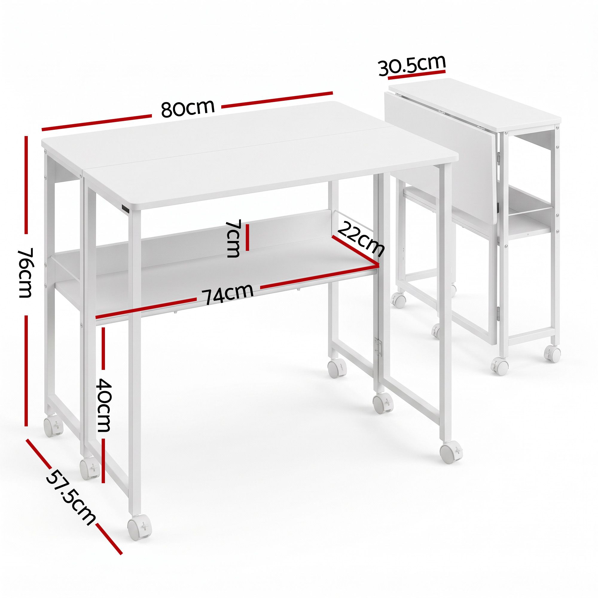 Artiss Foldable Computer Desk Mobile Study Table Workstation White 80cm Bedworld
