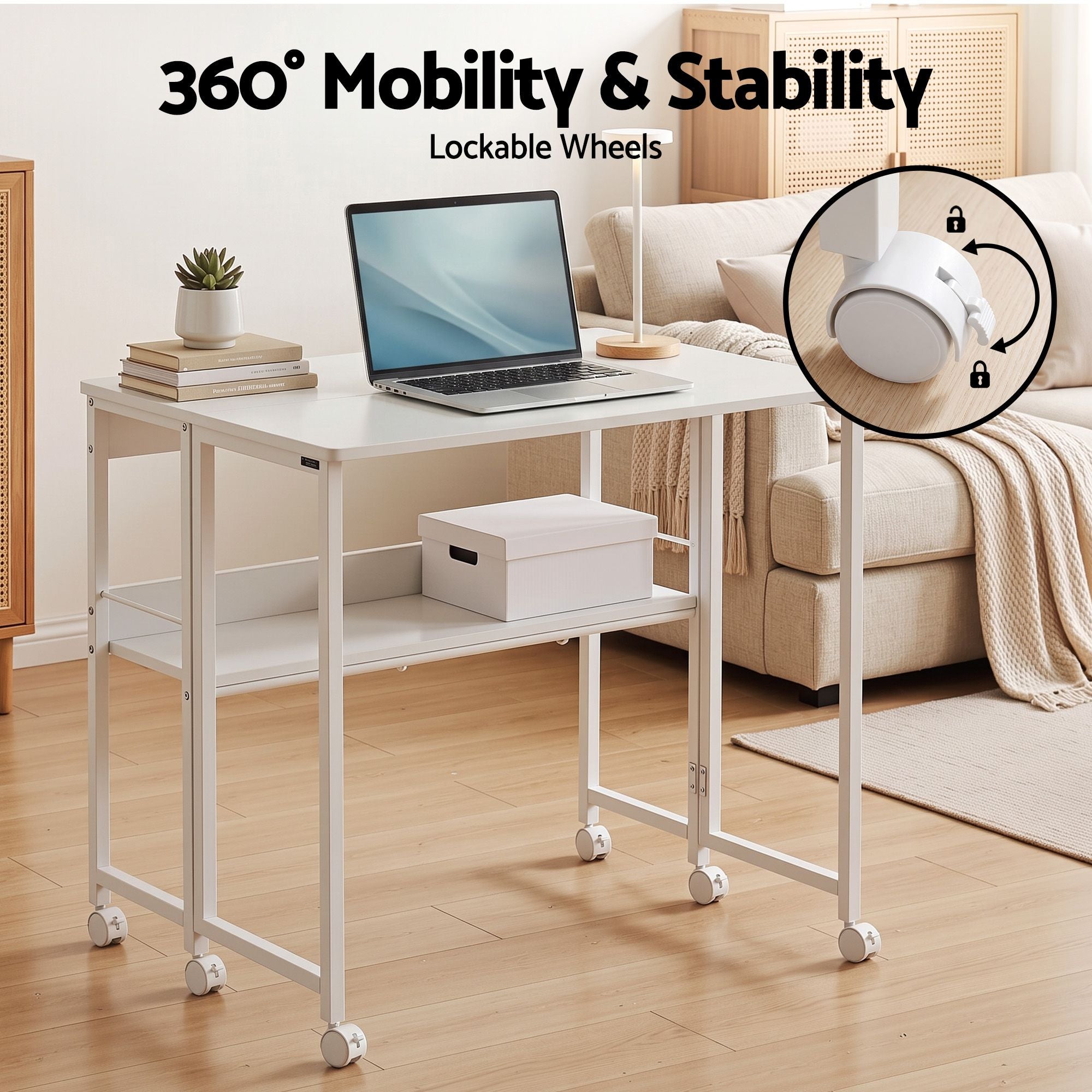 Artiss Foldable Computer Desk Mobile Study Table Workstation White 80cm Bedworld