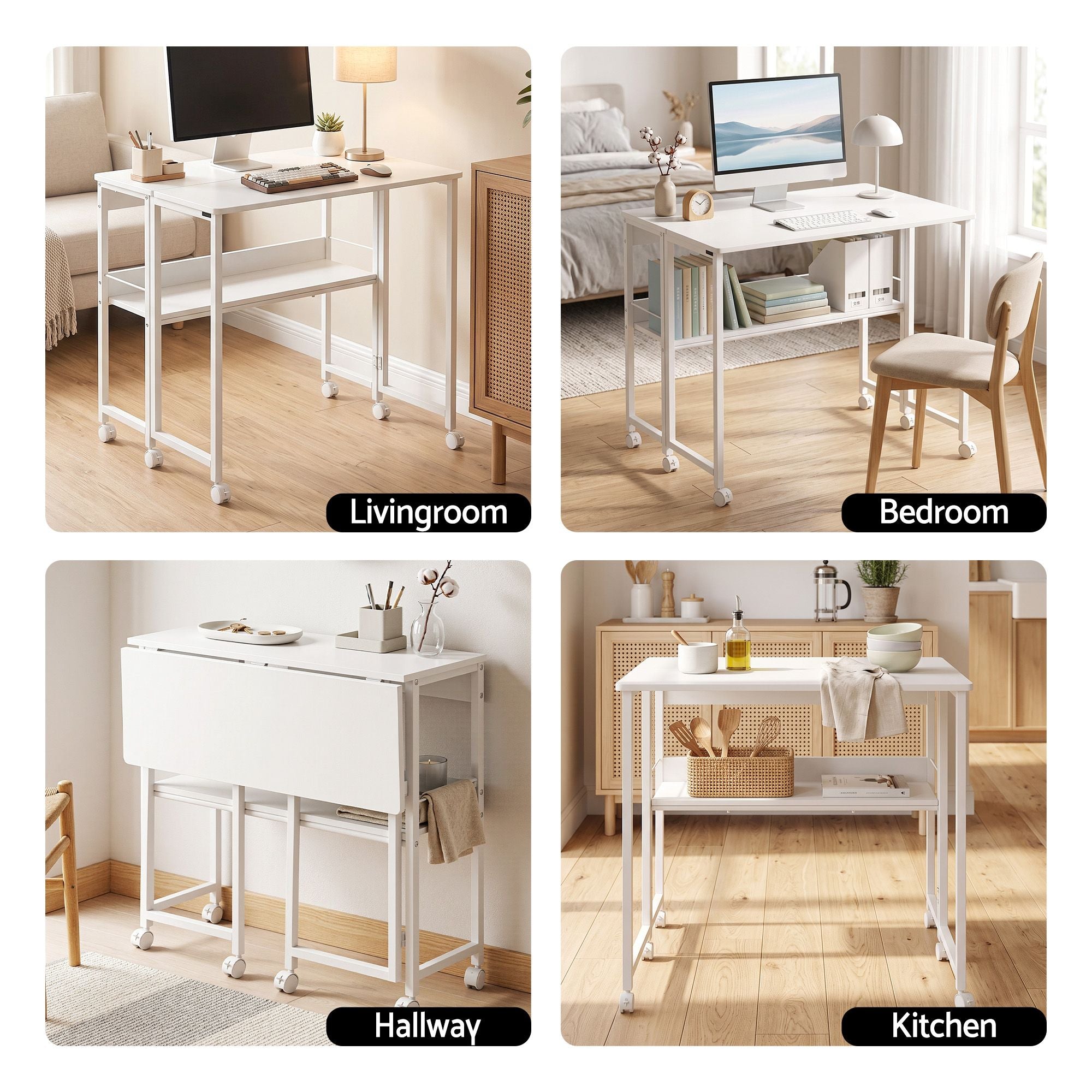 Artiss Foldable Computer Desk Mobile Study Table Workstation White 80cm Bedworld