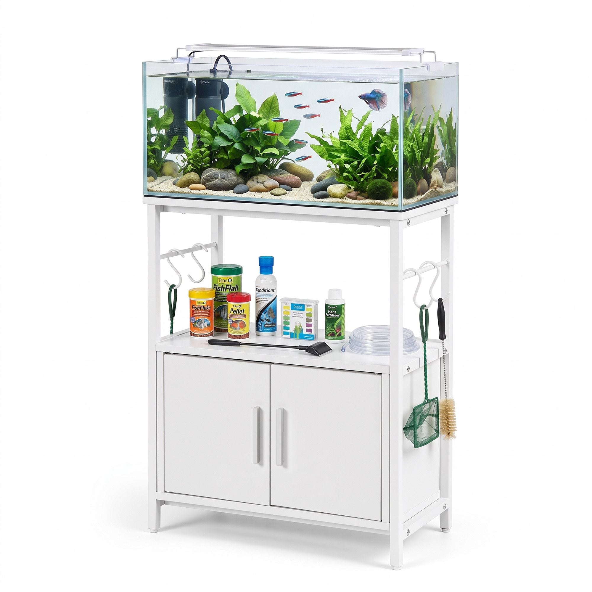 Artiss 20 Gallon Fish Tank Stand 3-Tier Aquarium Stand with Storage Cabinet and Open Shelf White Bedworld