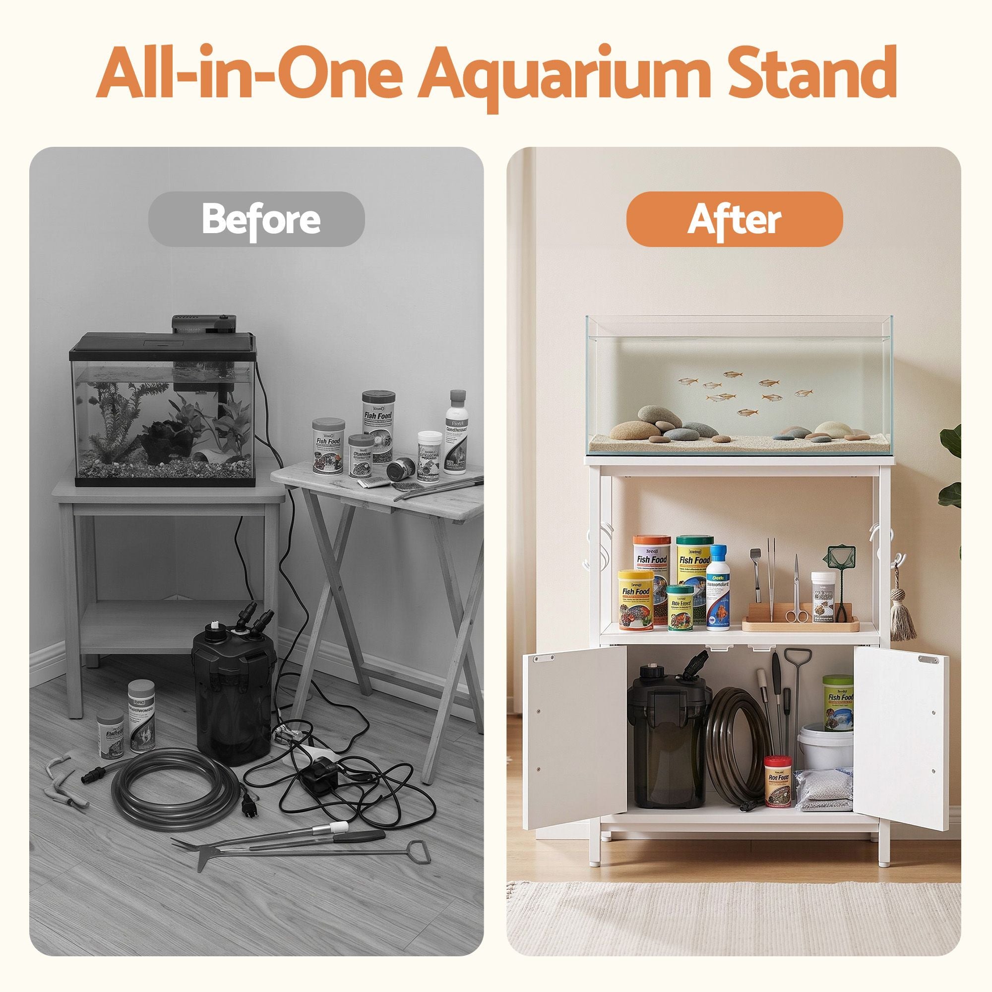 Artiss 20 Gallon Fish Tank Stand 3-Tier Aquarium Stand with Storage Cabinet and Open Shelf White Bedworld