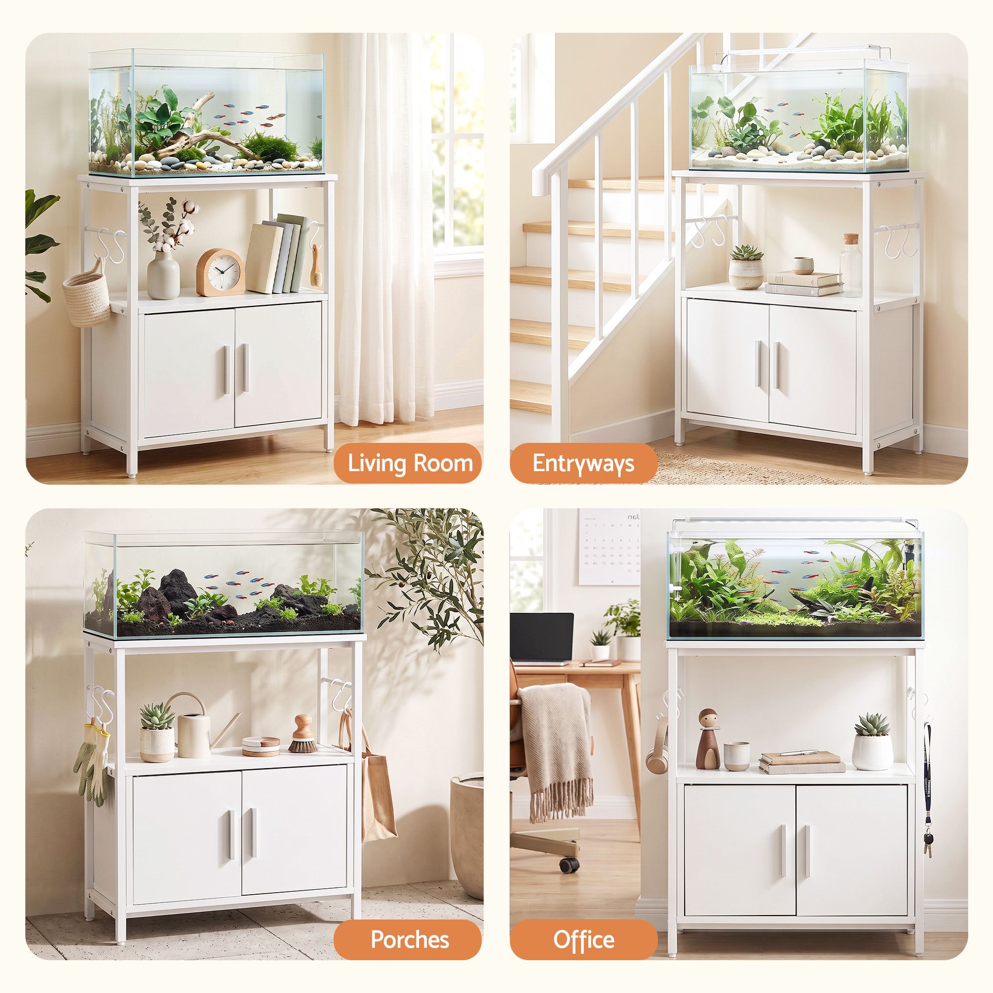 Artiss 20 Gallon Fish Tank Stand 3-Tier Aquarium Stand with Storage Cabinet and Open Shelf White Bedworld
