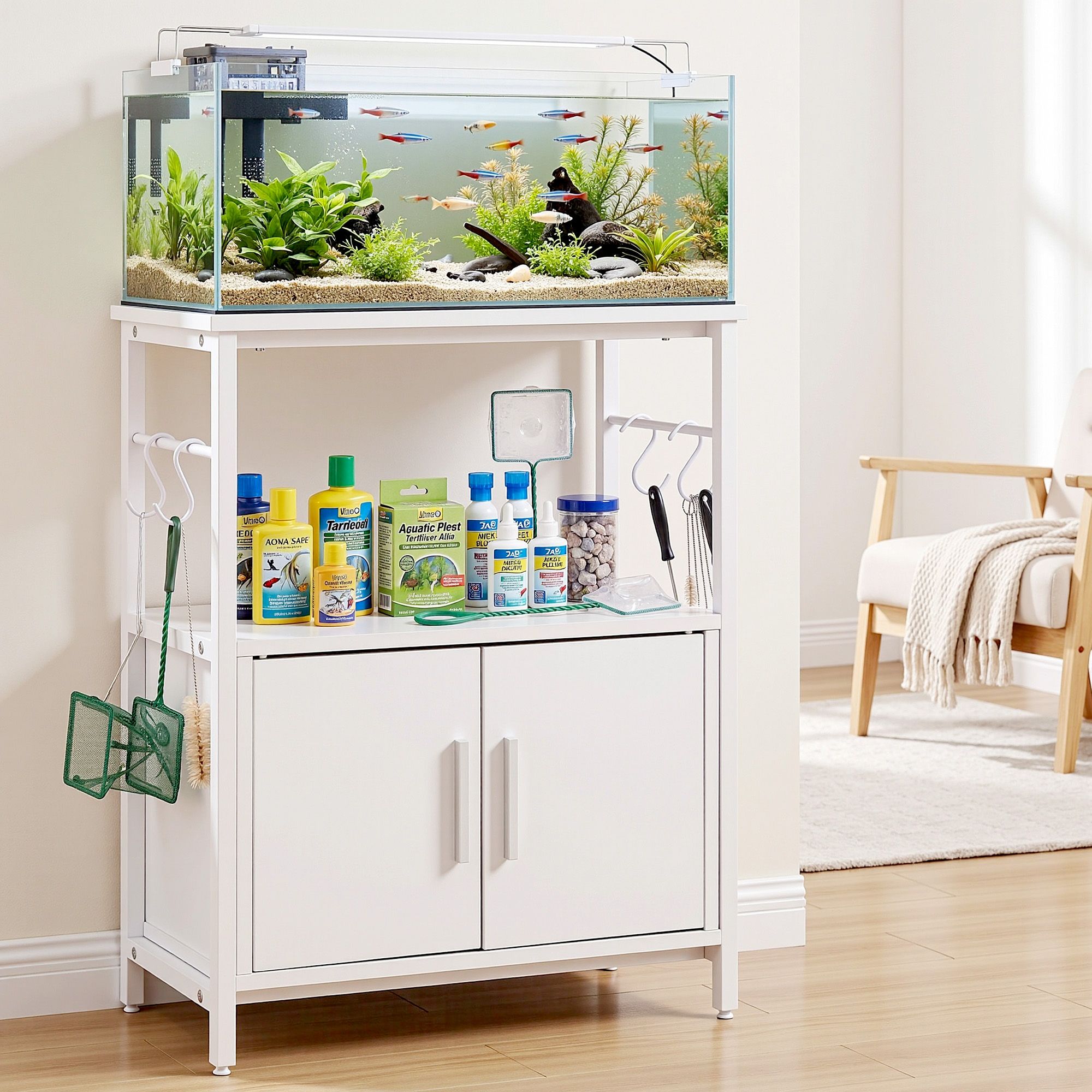 Artiss 20 Gallon Fish Tank Stand 3-Tier Aquarium Stand with Storage Cabinet and Open Shelf White Bedworld