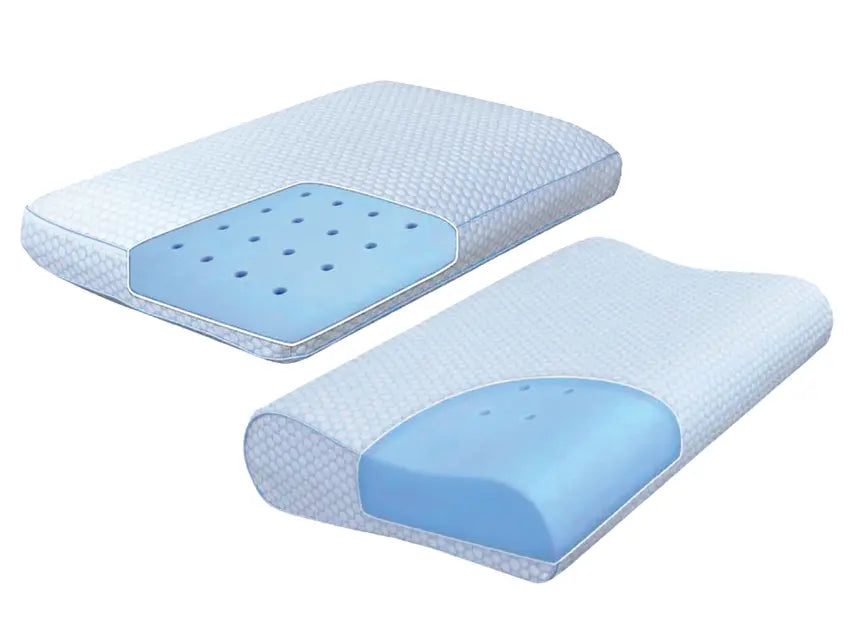 Gel-infused contour pillow with blue cooling insert and textured cover