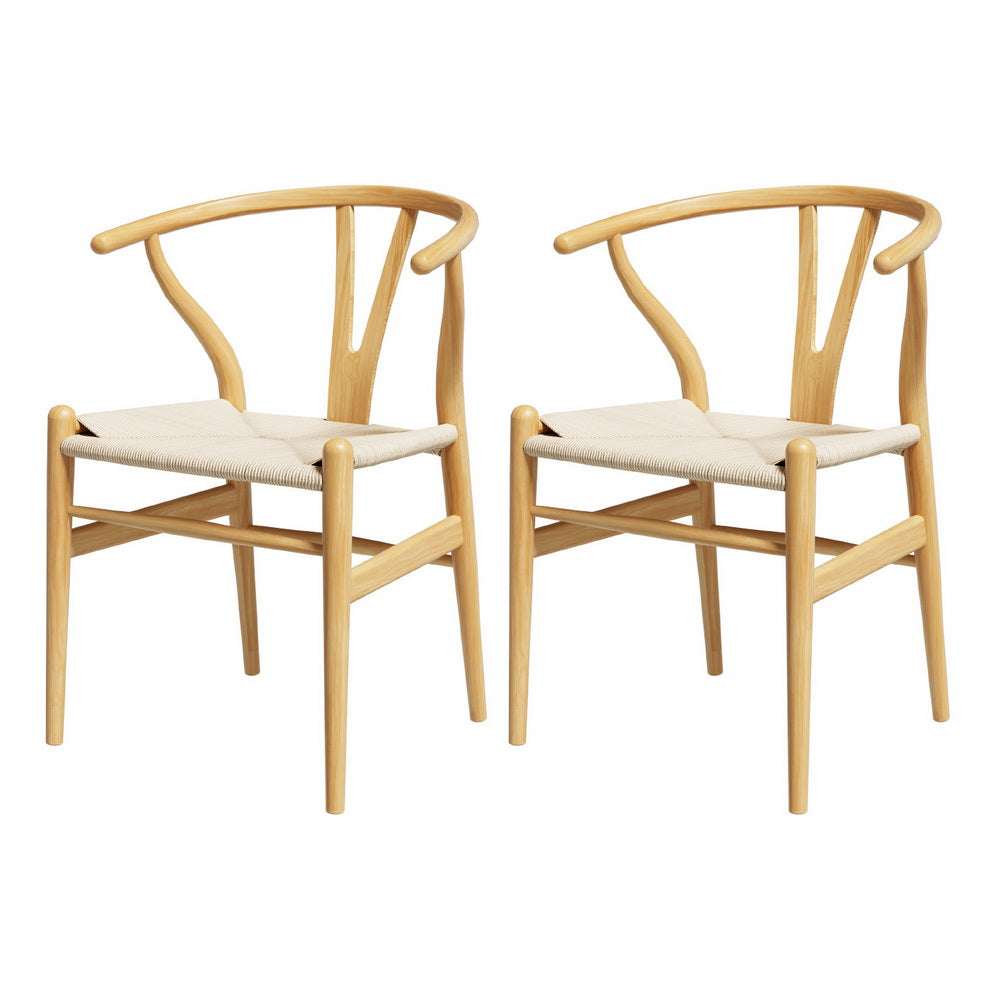 Dining chairs (set of 2) with light wood frame, beige seat cushion, wishbone backs