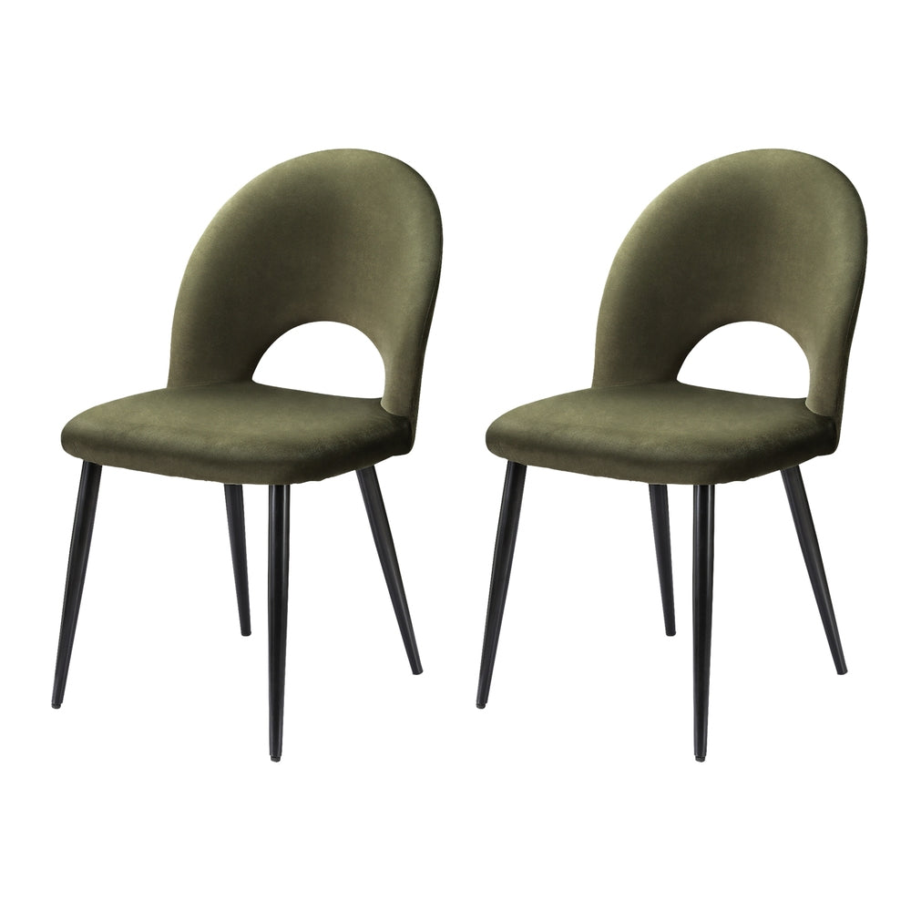 Set of 2 velvet dining chairs, olive green curved back and upholstered seat, black legs.