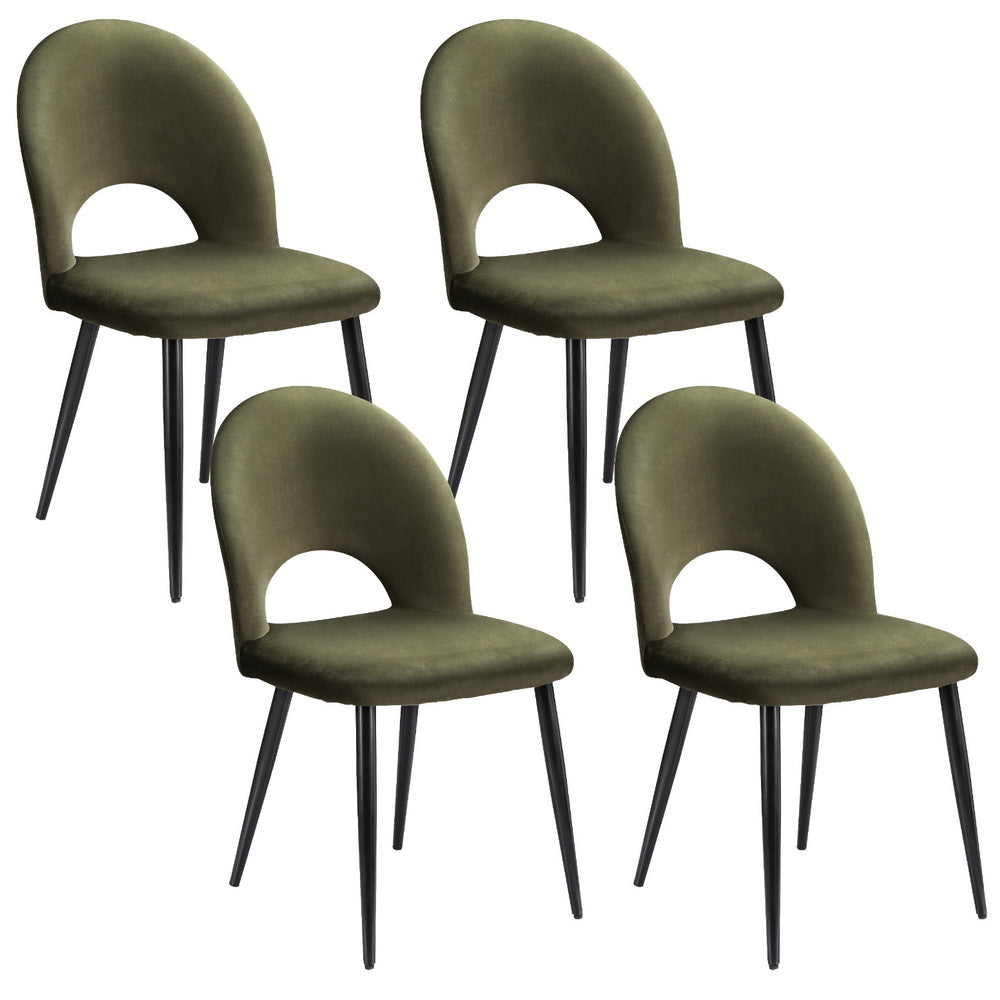 Set of 4 velvet dining chairs, olive green with curved cutout back and black legs