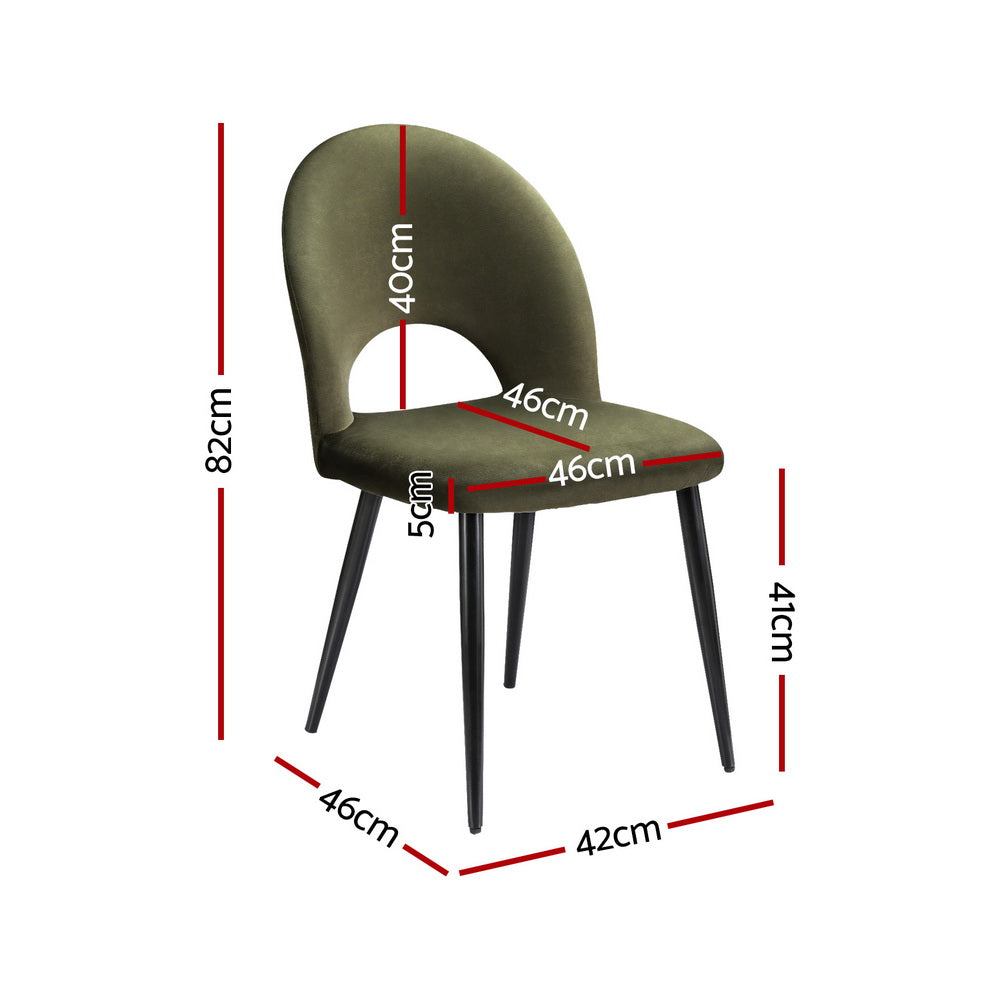Single velvet dining chair, olive green with oval cutout back and black legs, size diagram
