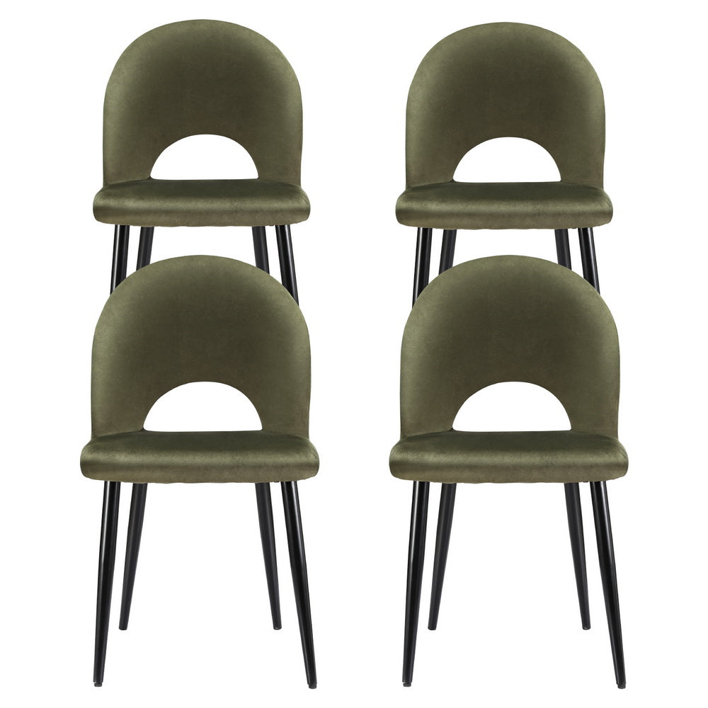 Set of 4 velvet dining chairs, olive green with curved back and black tapered legs