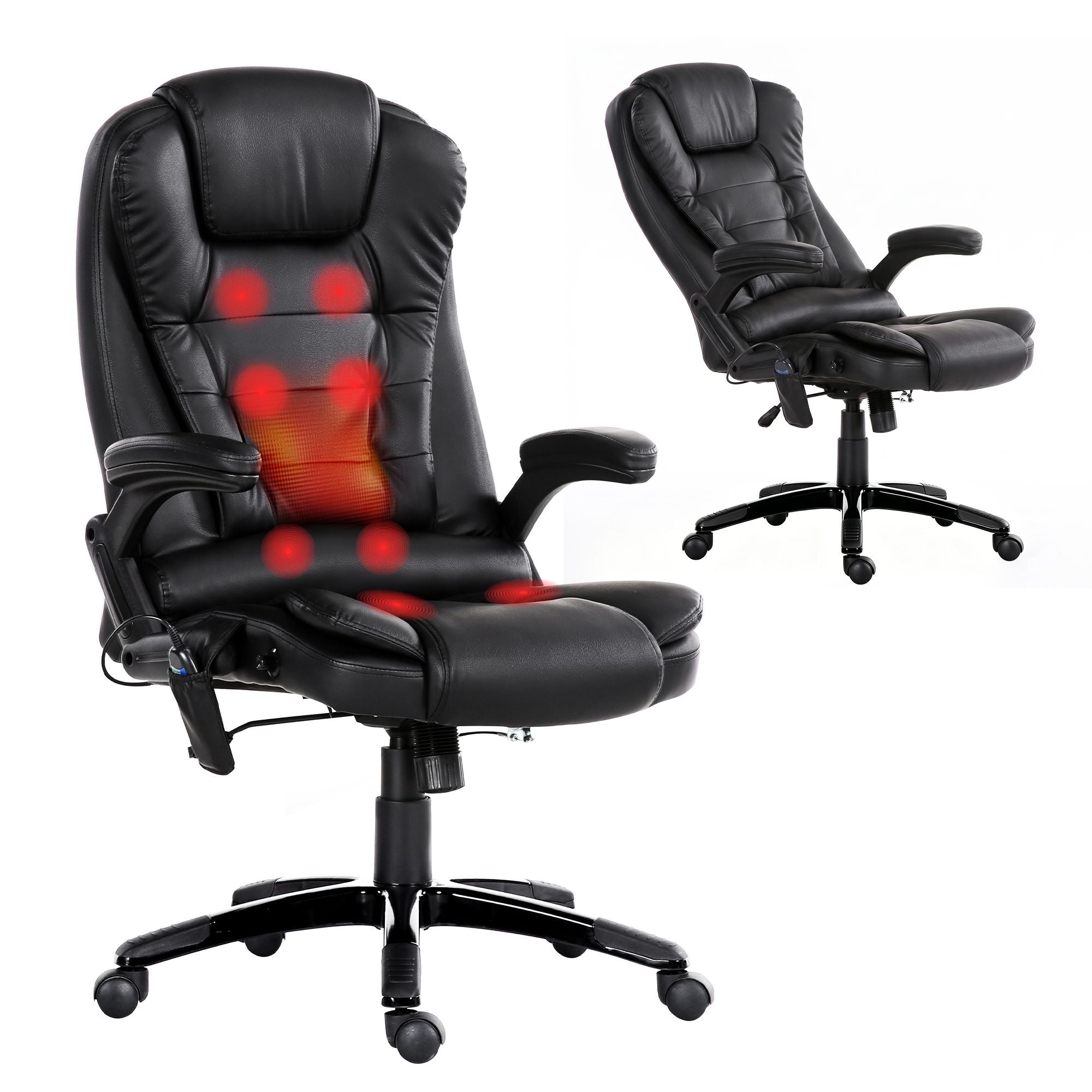 Black PU massage office chair with headrest, armrests, and extended footrest