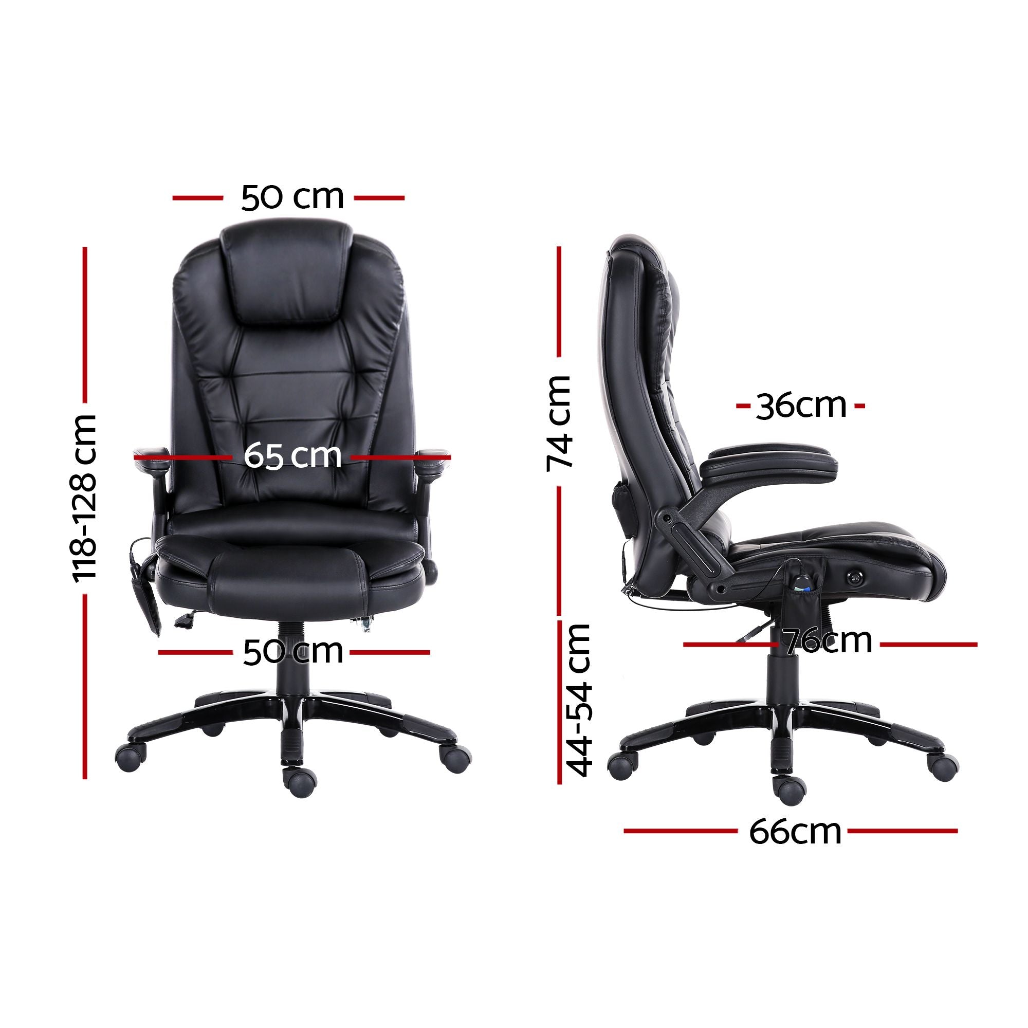 Black massage office chair with armrests shown front and side views with recline