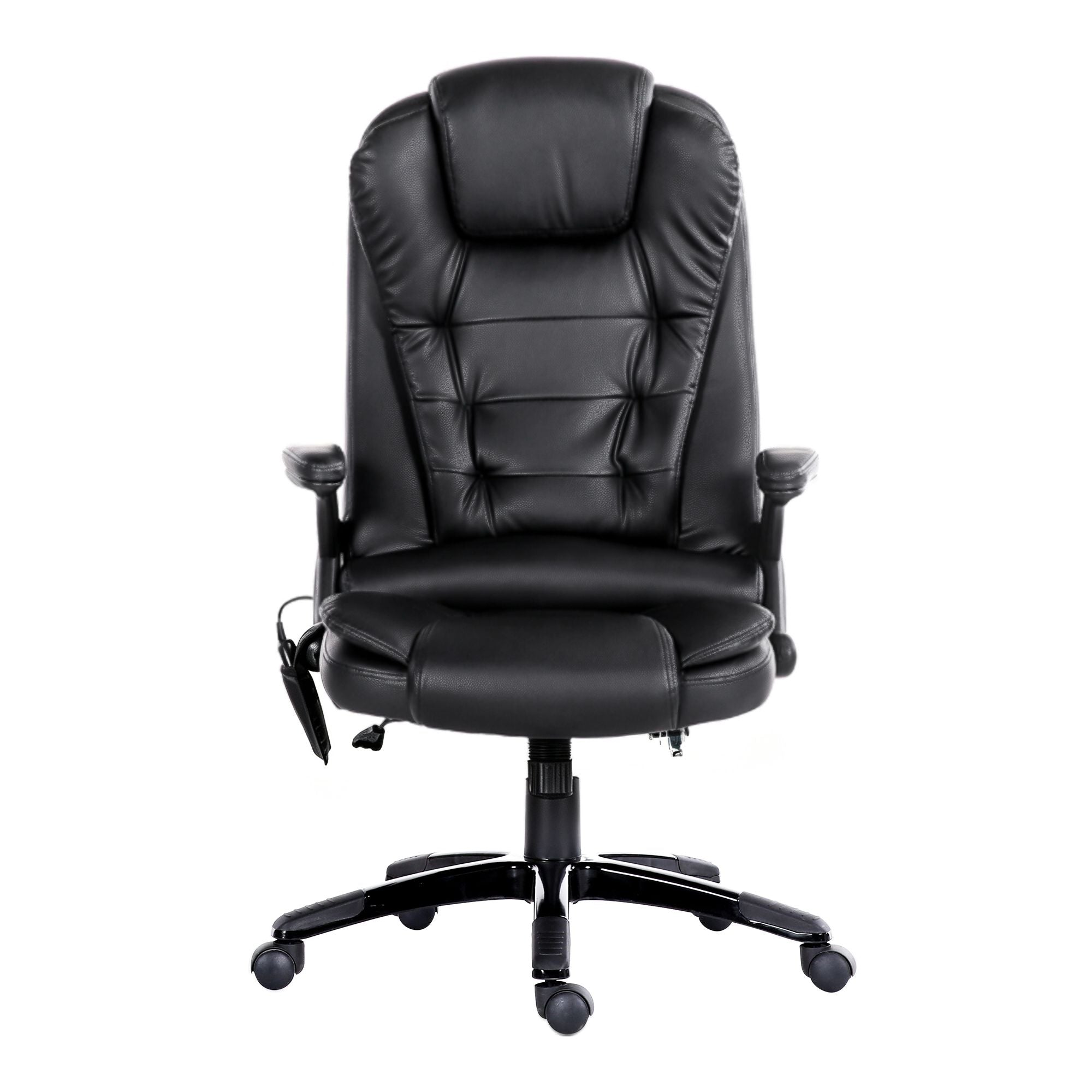 Black massage office chair with headrest, armrests, and cushioned seat in front view