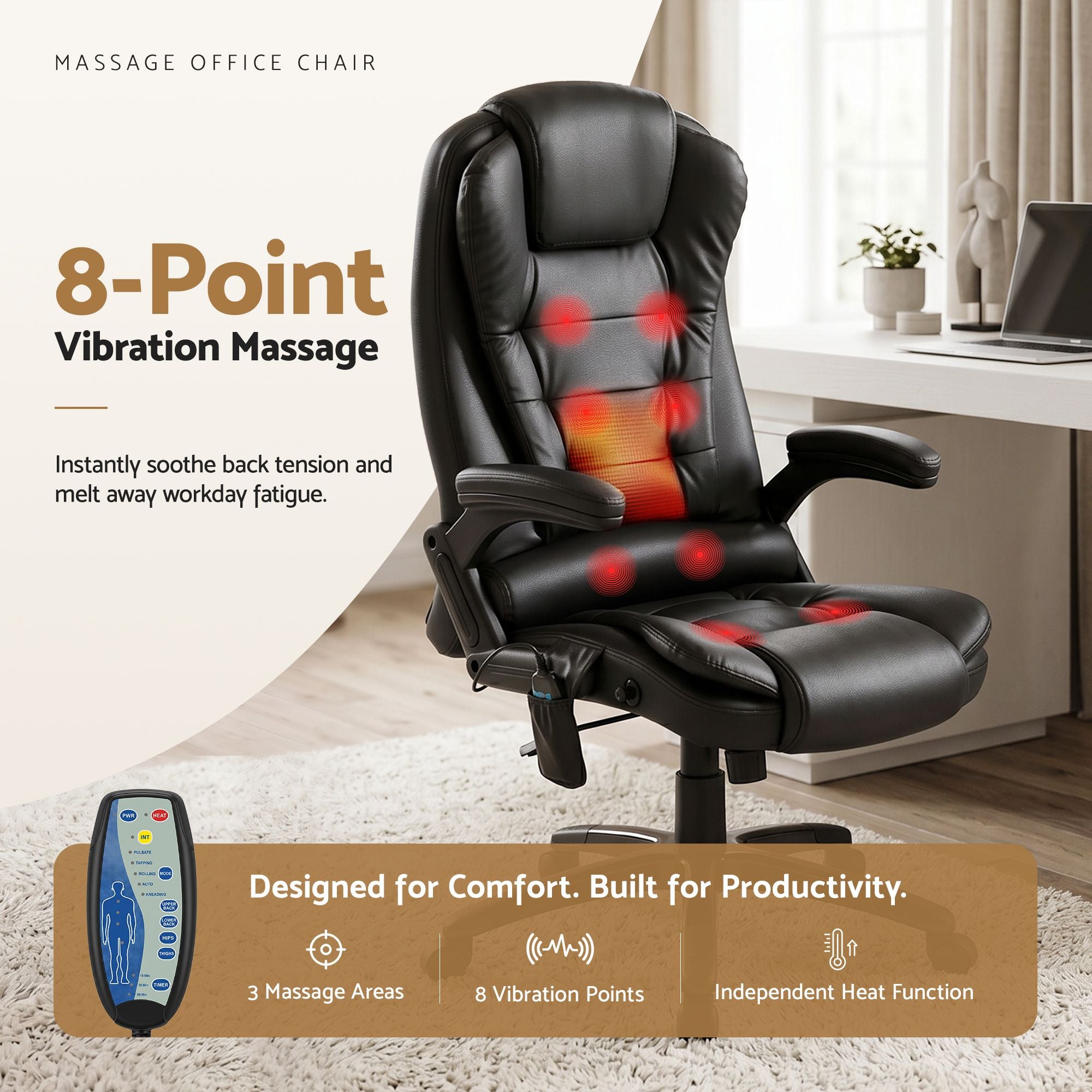 Black PU massage office chair with 8-point vibration and heated lumbar pads