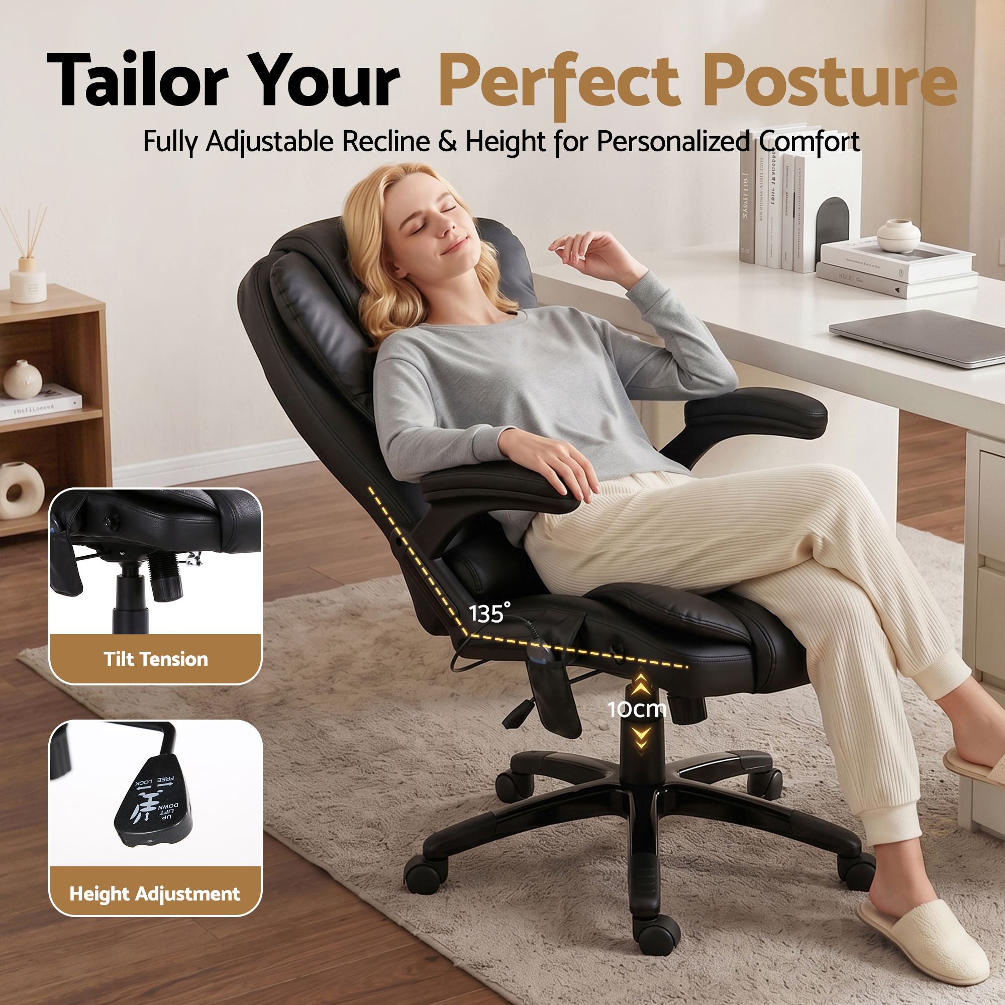 Black massage office chair reclined with adjustable height and cushioned seat