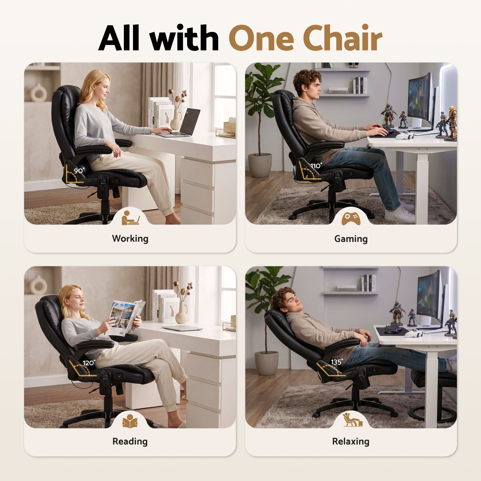 Black massage office chair shown in multiple reclining positions with armrests