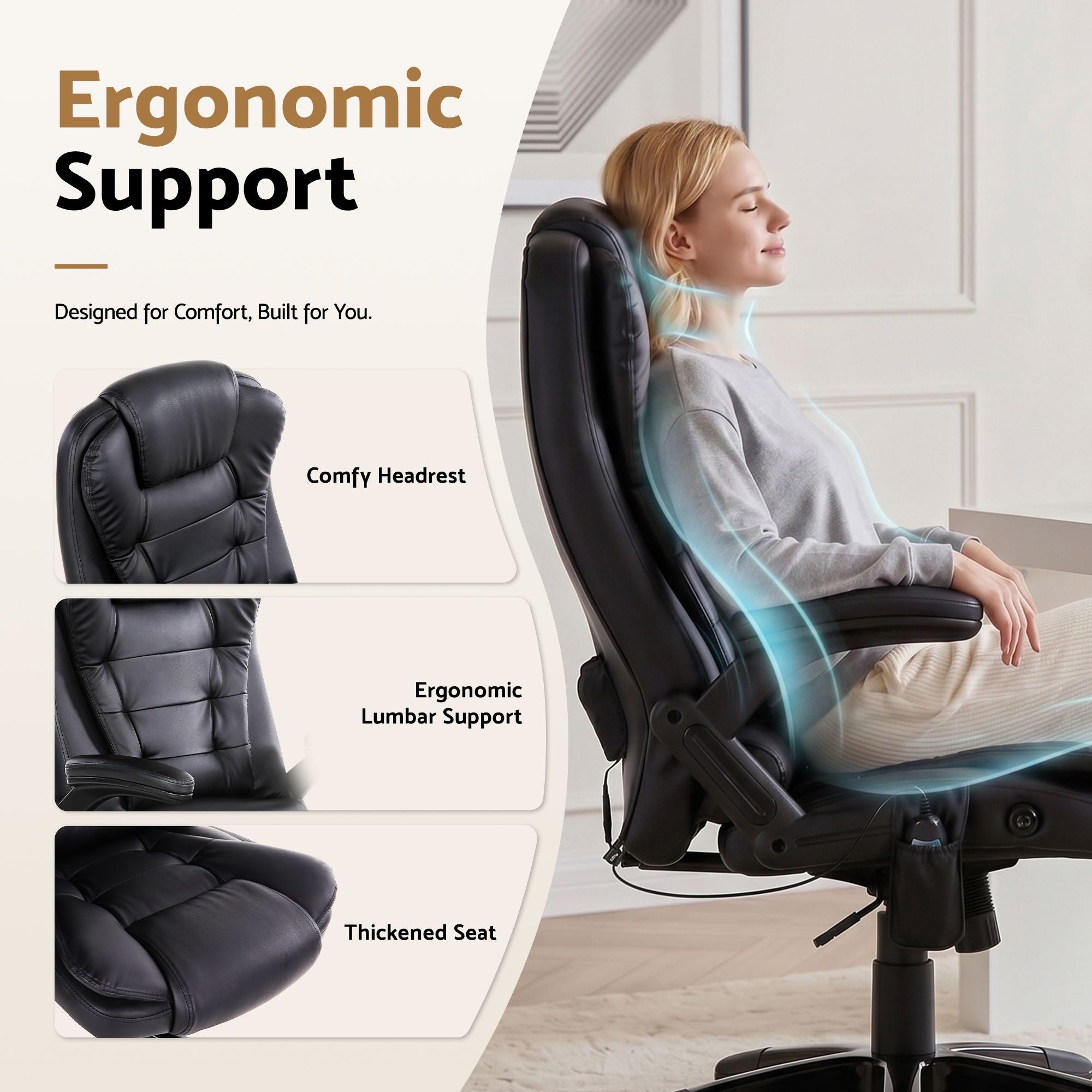 Black massage office chair with ergonomic headrest, lumbar support, and thick seat