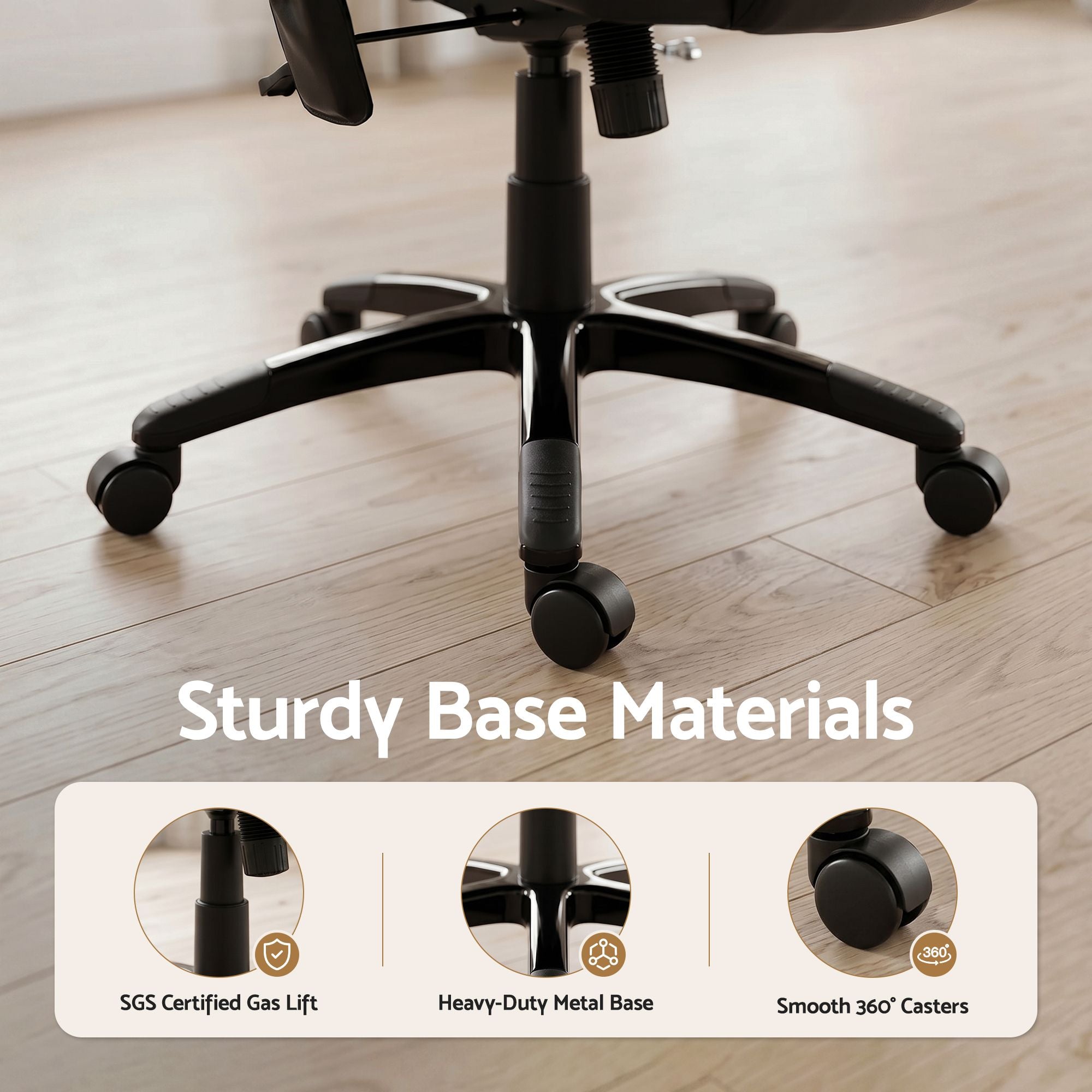 Black office chair base with five casters, metal pedestal, and swivel mechanism