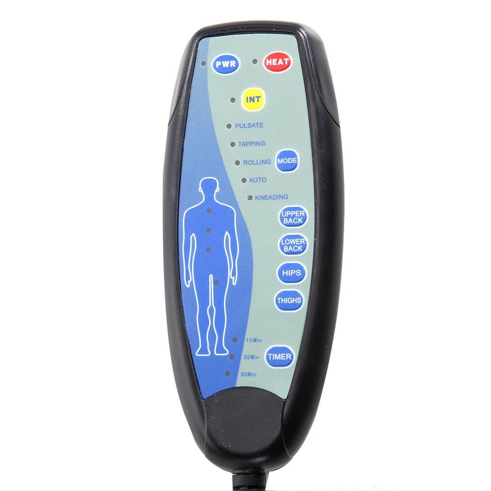 Heated massage chair remote control with PWR, HEAT, and INT buttons