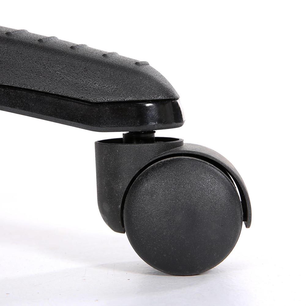 Office chair caster wheel with black base and armrest, close-up